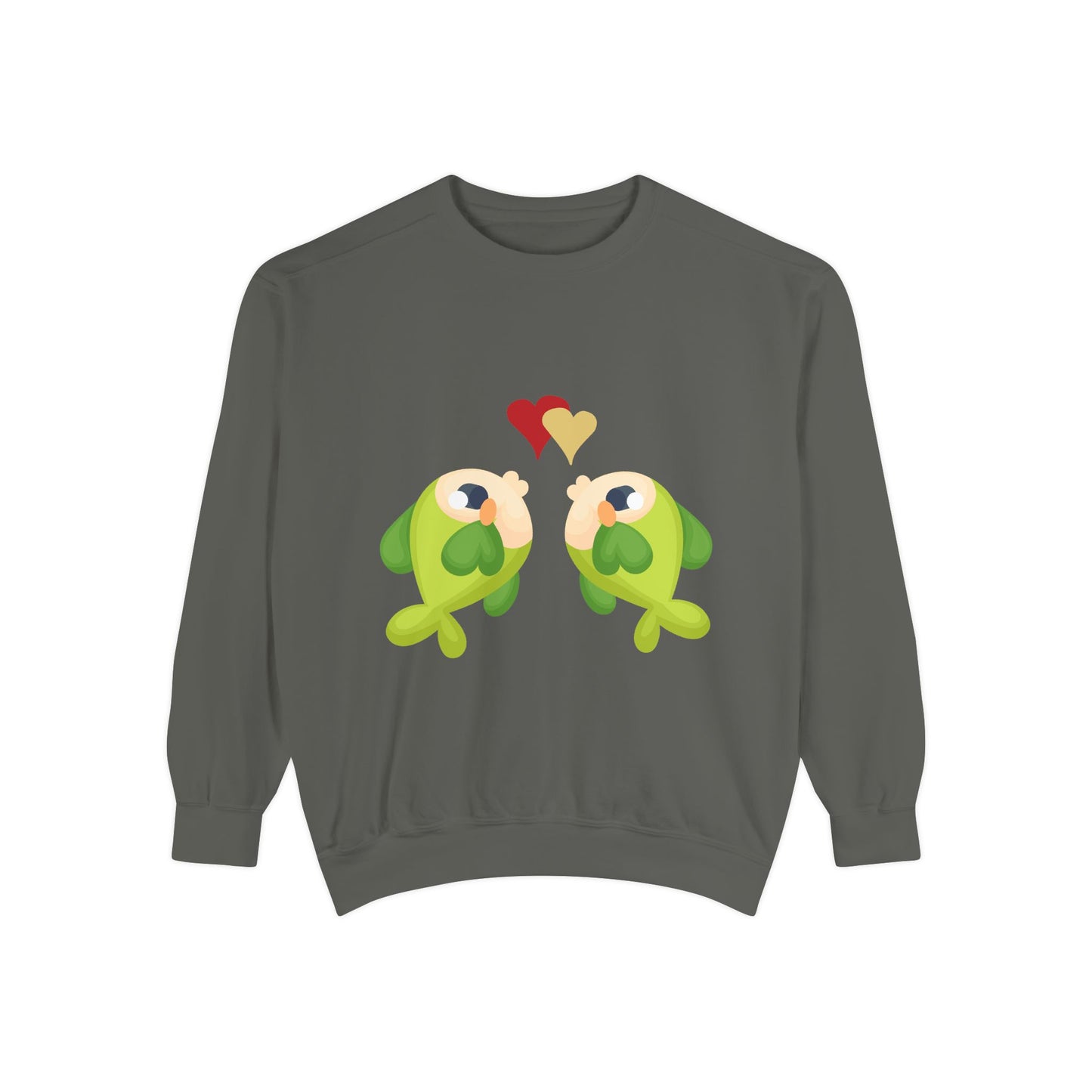 Two hearts float between the fish one red and one yellow Unisex Garment-Dyed Sweatshirt