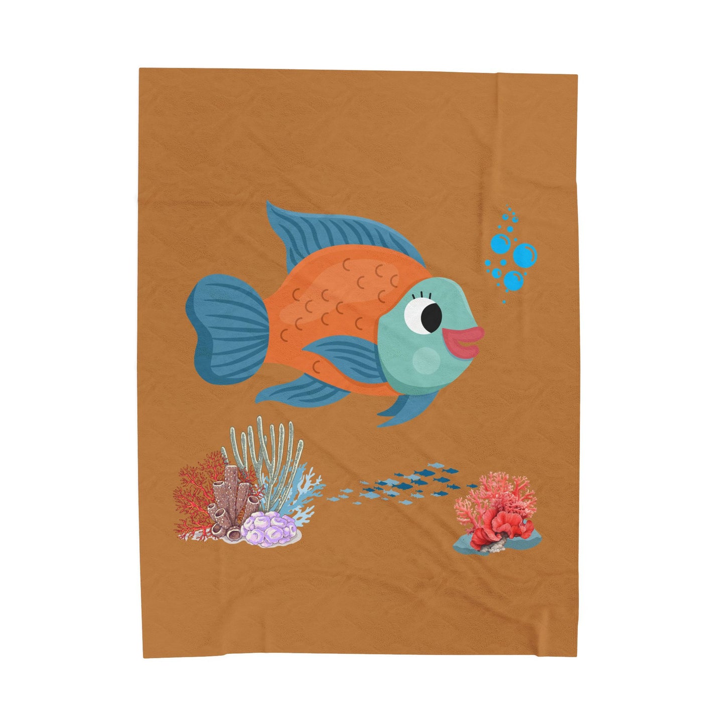Orange and blue fish with coral and bubble Velveteen Plush Blanket