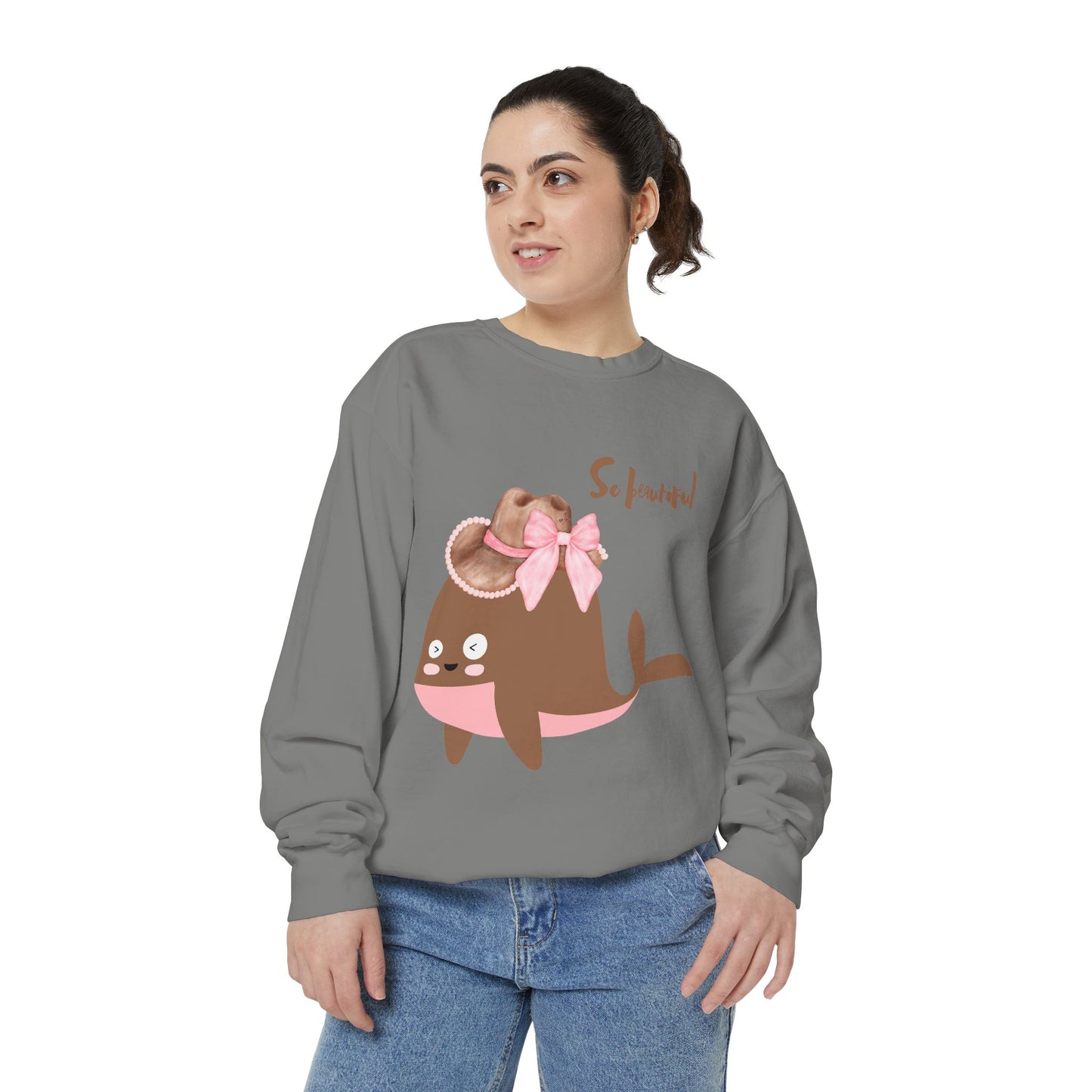 Whale wearing a cowboy hat with a pink bow Unisex Garment-Dyed Sweatshirt