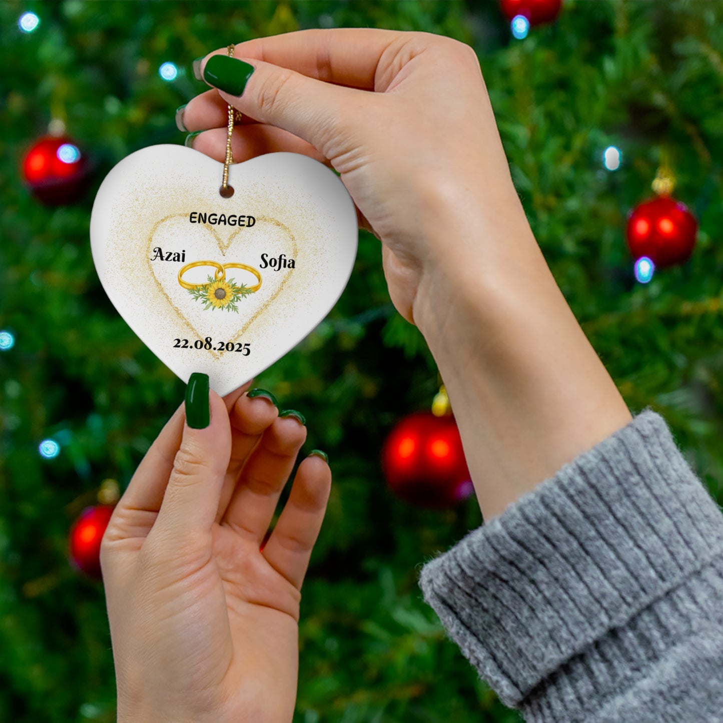 Engagement Ceramic Ornament, Heart Shaped Keepsake for Couples, Personalized Holiday Gift, Wedding Decor, Unique Engagement Party Favor
