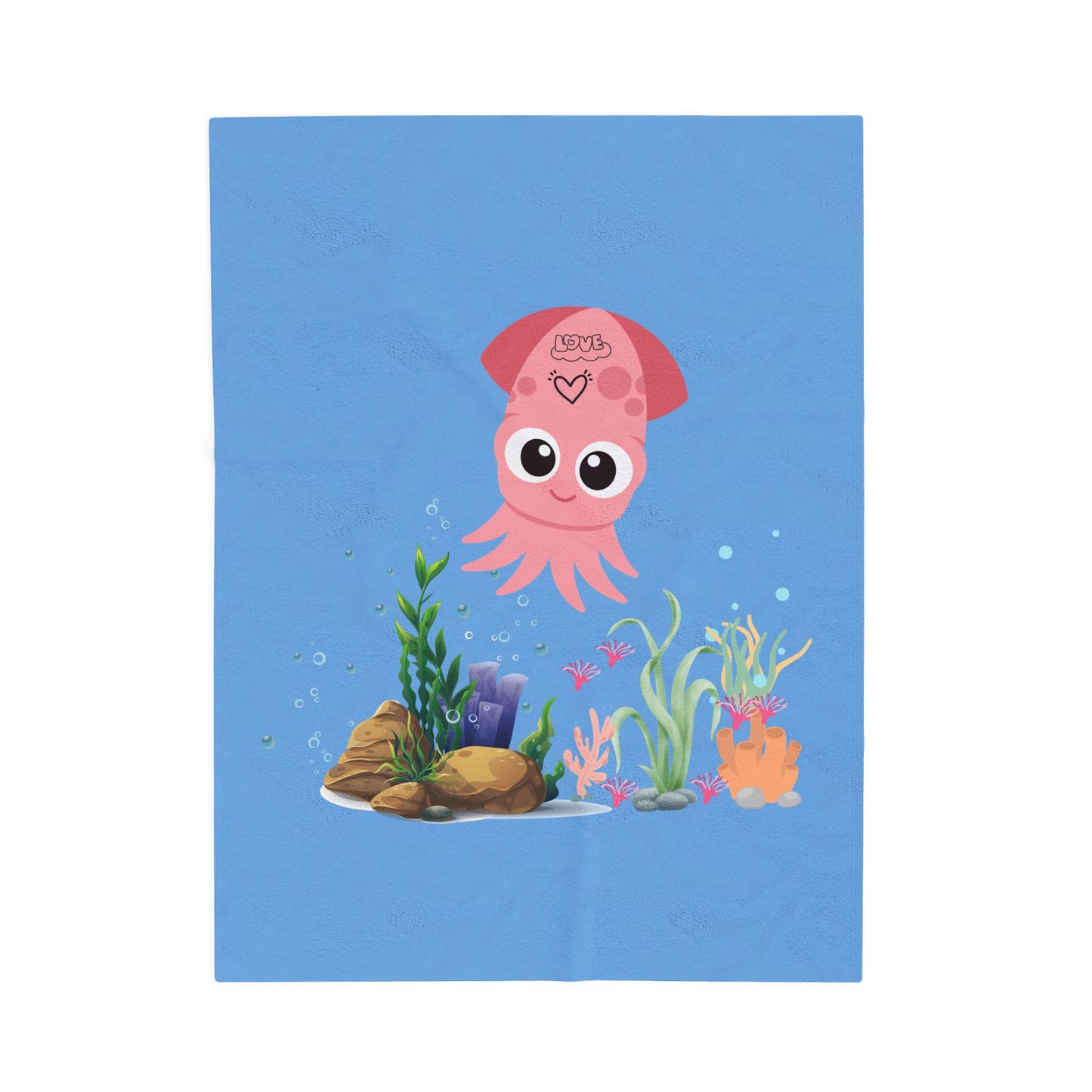 Pink squid cartoon with love Velveteen Plush Blanket