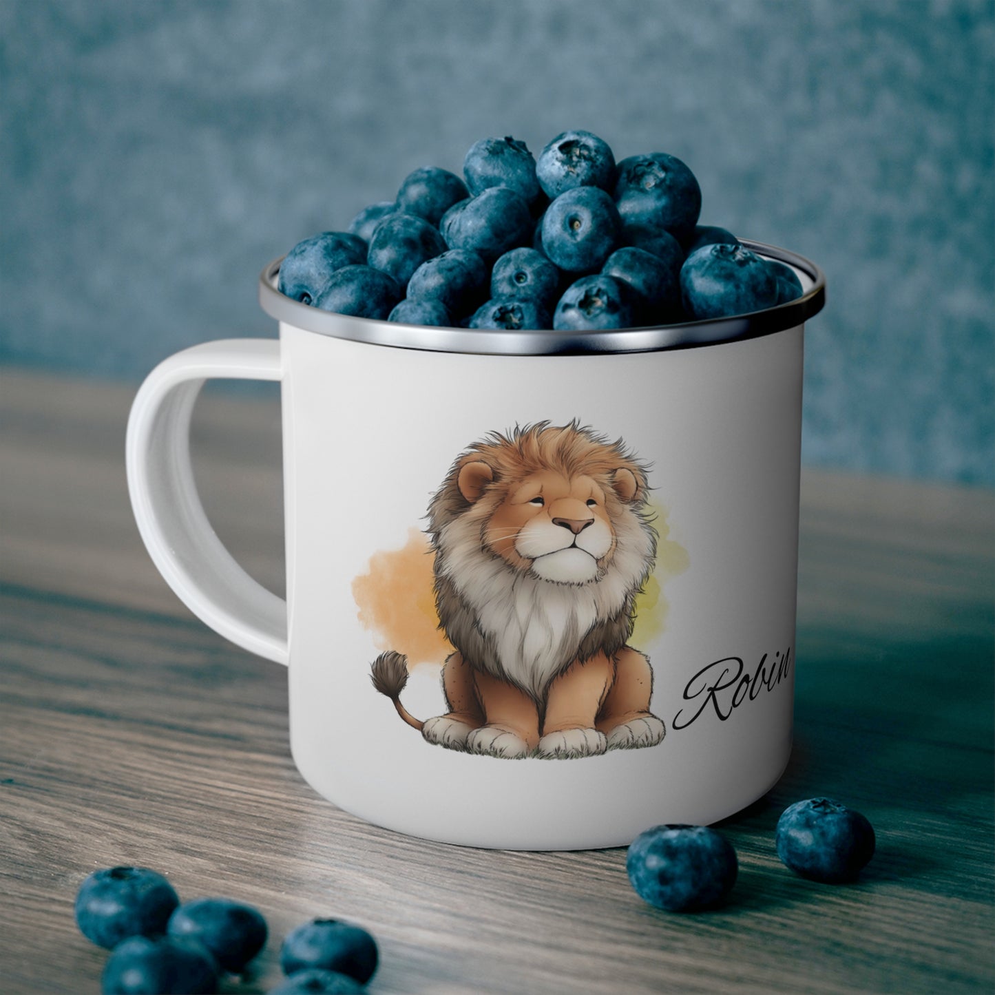 Lion Name Enamel Camping Mug — Personalized "Robin" Rustic Adventure Camper Cup
