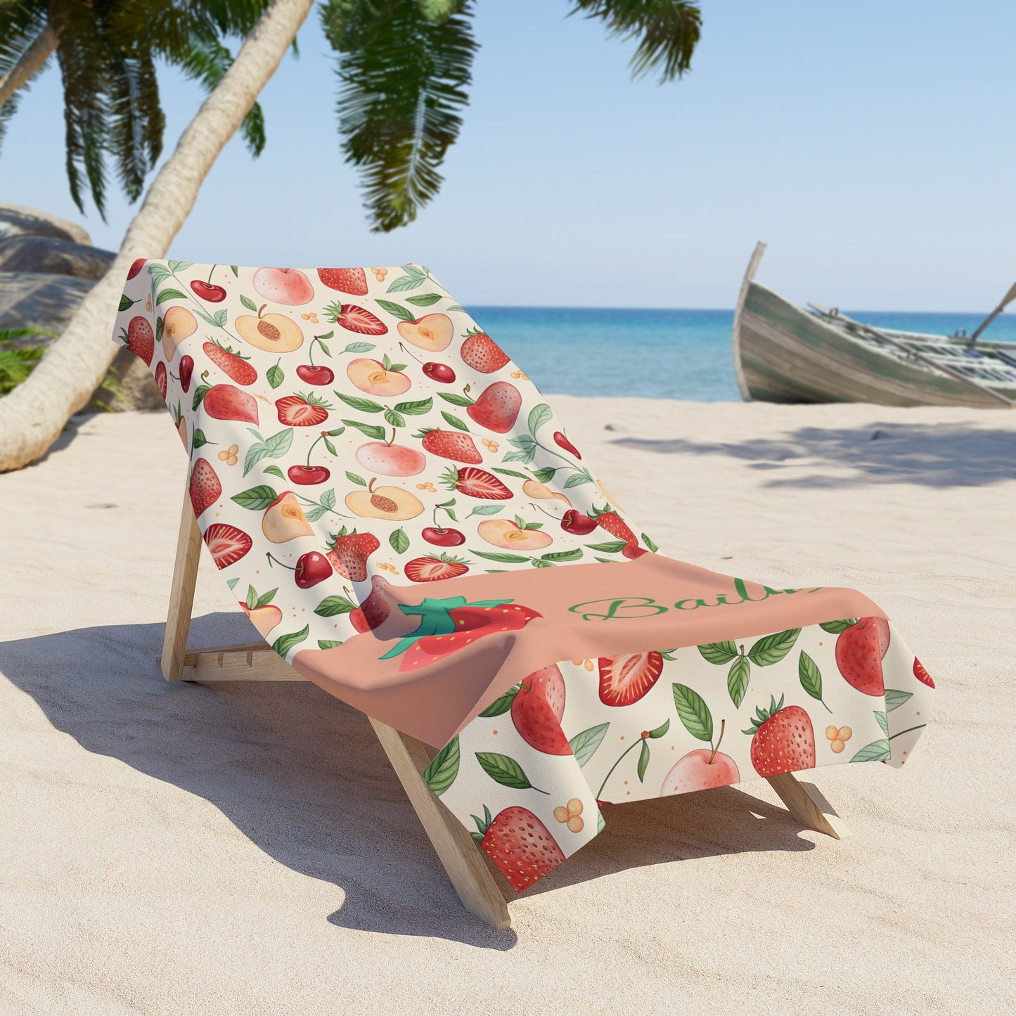 Personalized Strawberry & Peach Beach Towel — Custom Name Tropical Fruit Design