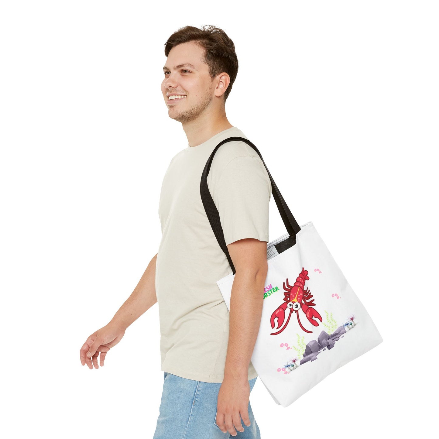 Friendly red lobster big eyes and yellow strip Tote Bag