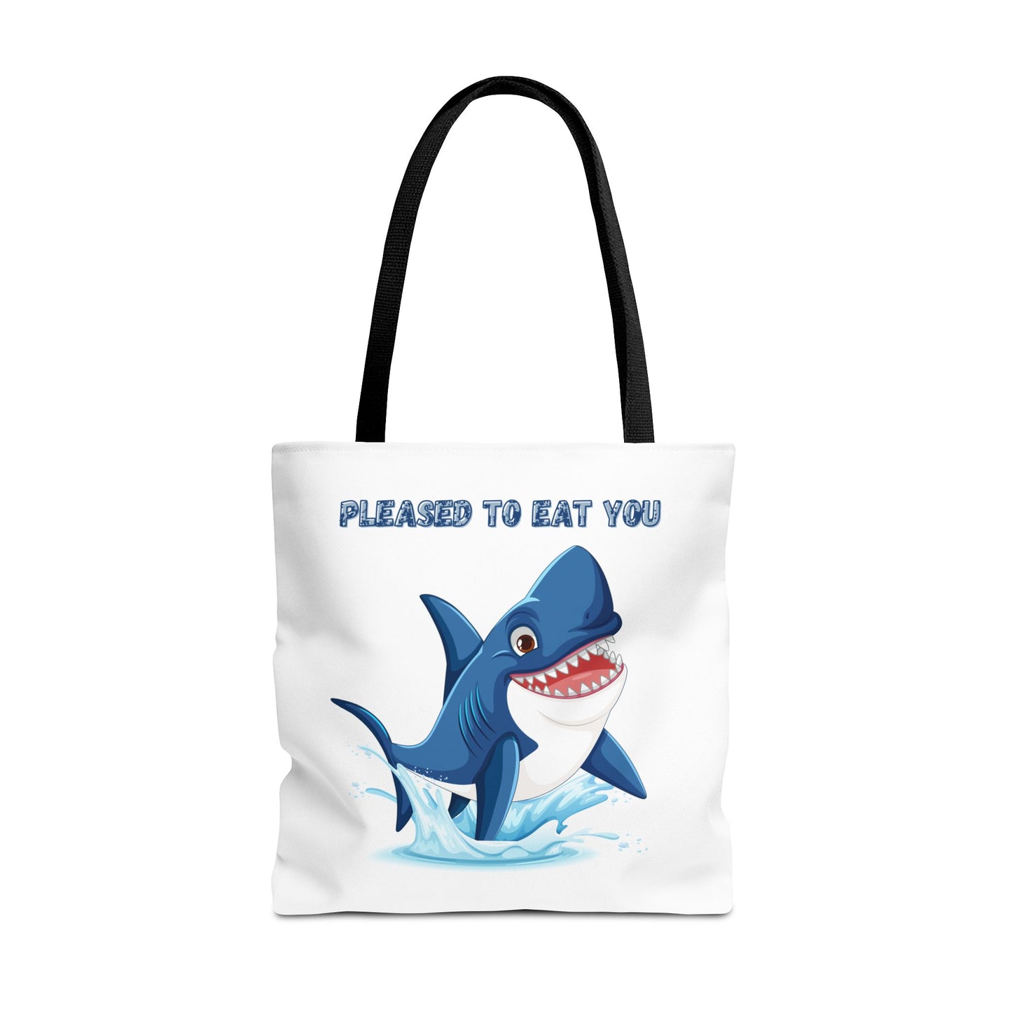 Humorous cartoon shark with threatening text Tote Bag