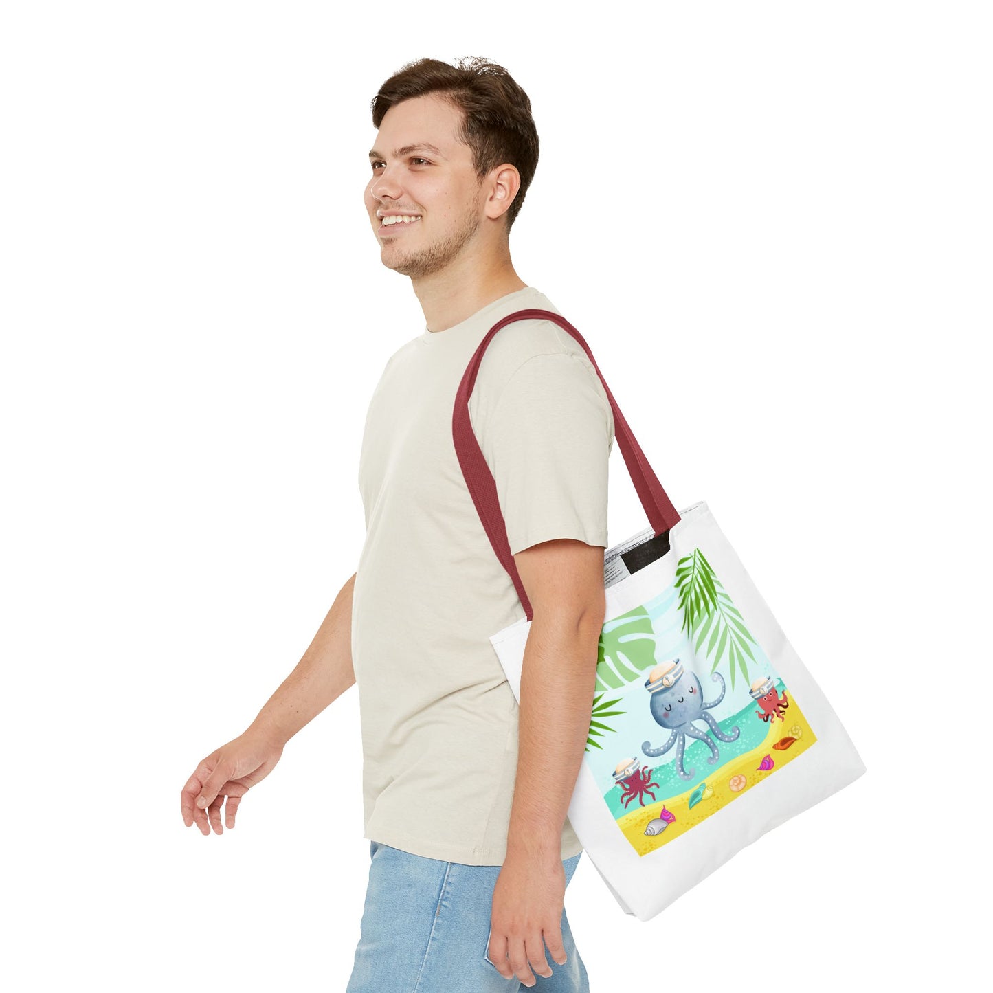 Octopus on a beach scene with tropical Tote Bag