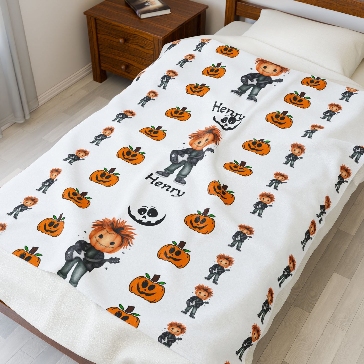 Spooky Fun Personalized Velveteen Plush Blanket, Halloween Throw Blanket, Cozy Gift for Kids, Seasonal Home Decor, Pumpkin & Monster Design