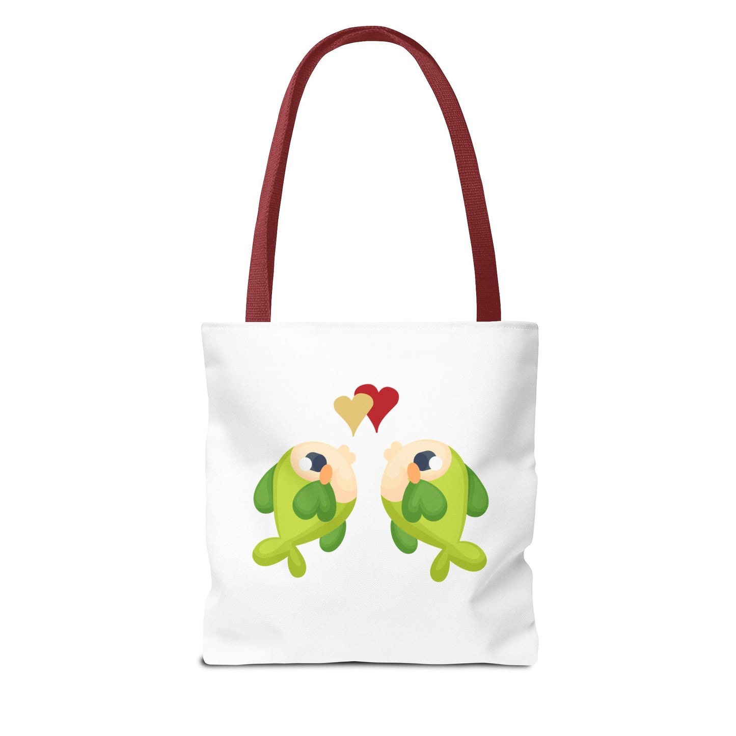 Two hearts float between the fish one red and one yellow. Tote Bag