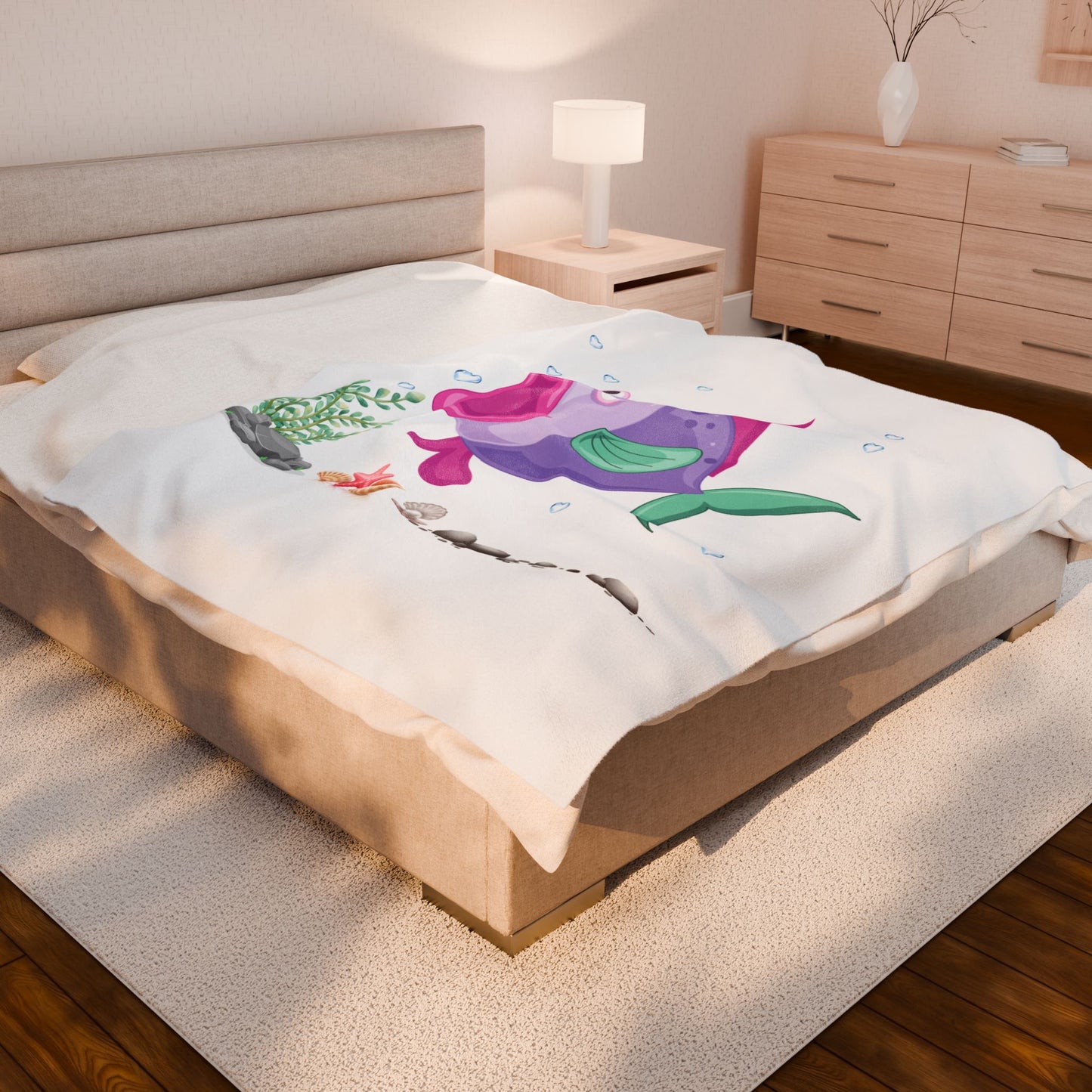 Fish with open mouth bubbles and underwater flora Velveteen Plush Blanket