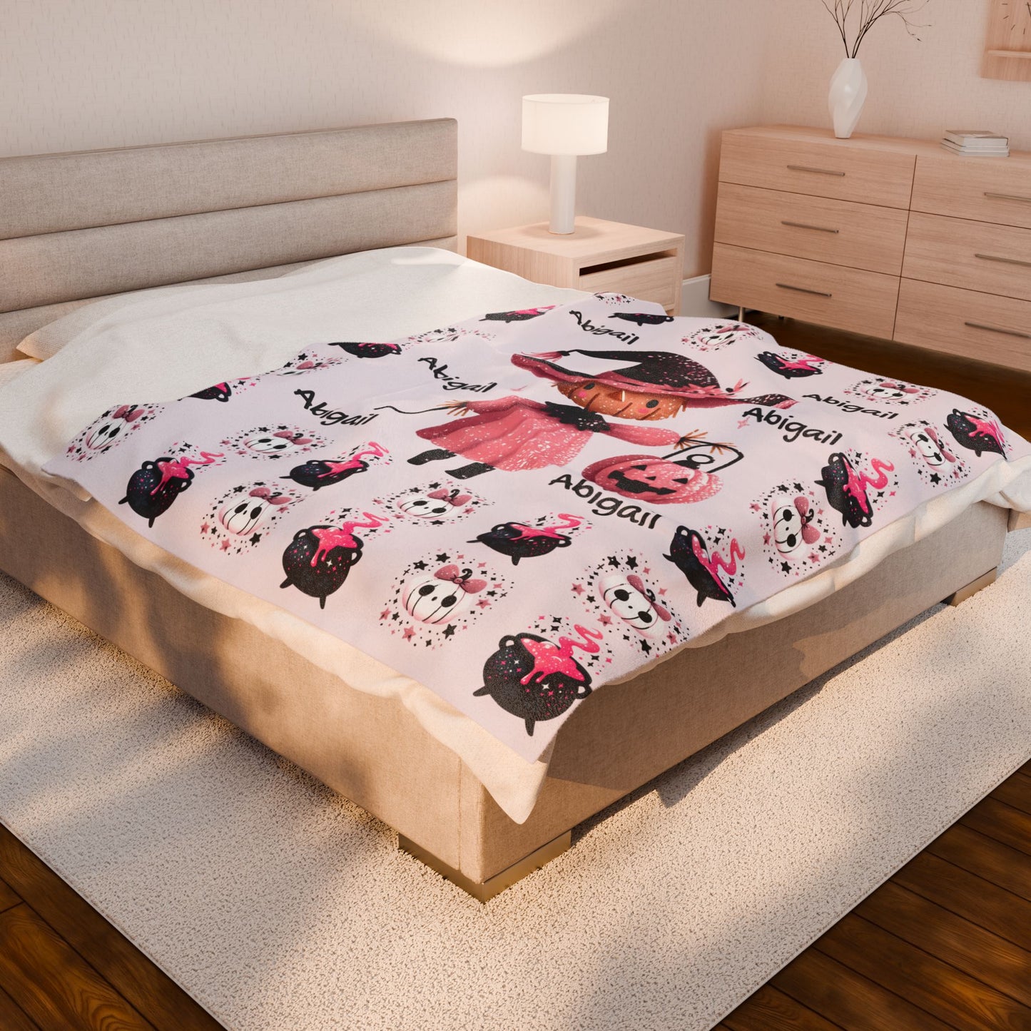Personalized Halloween Velveteen Plush Blanket, Soft Cozy Throw, Perfect for Kids, Witch Design, Fall Decor, Gift Idea