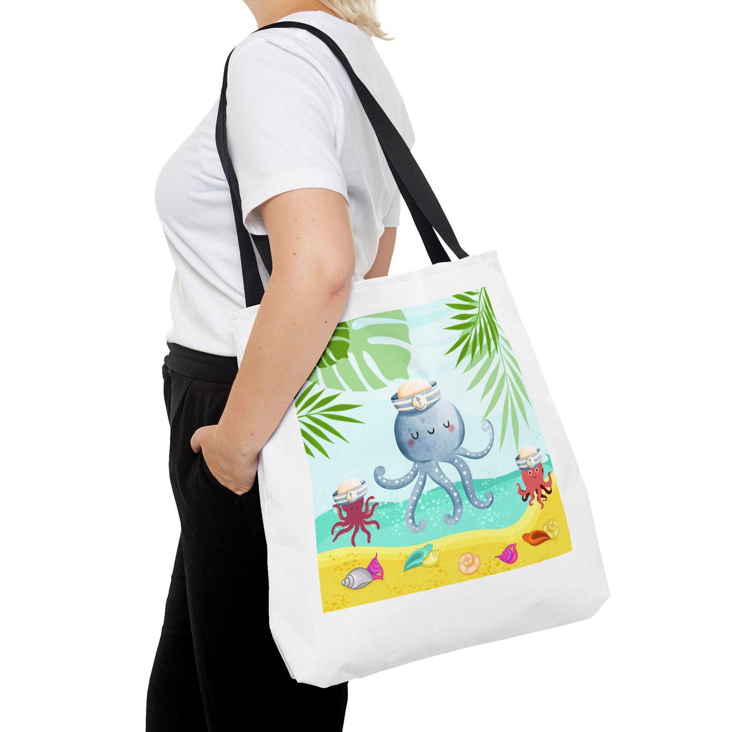 Octopus on a beach scene with tropical Tote Bag