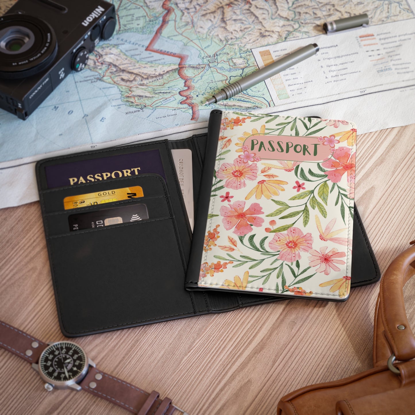Floral Passport Cover - Pink Watercolor Flowers Travel Wallet