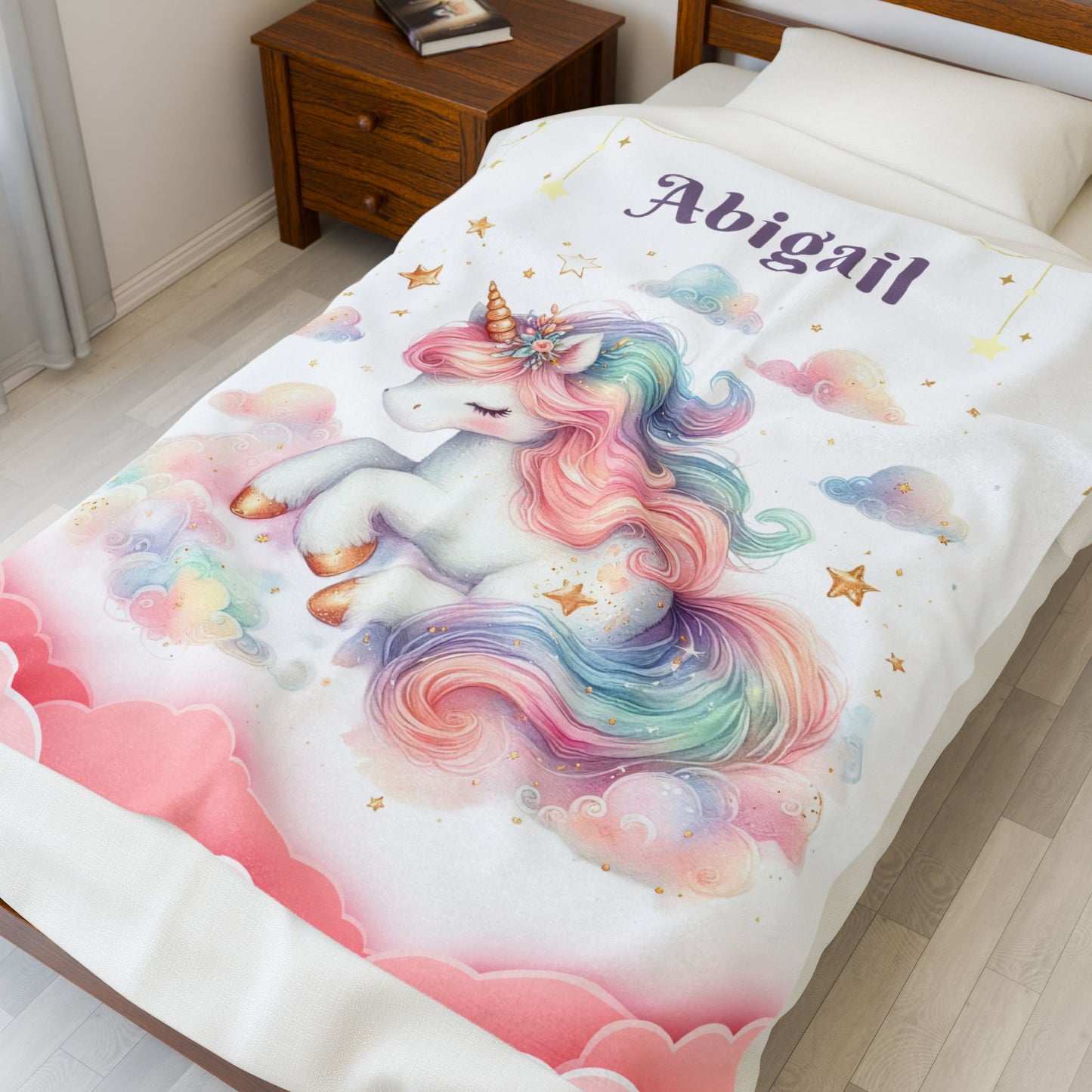 Unicorn Dream Velveteen Blanket, Personalized Cozy Blanket, Baby Shower Gift, Kids Room Decor, Magical Unicorn Gift