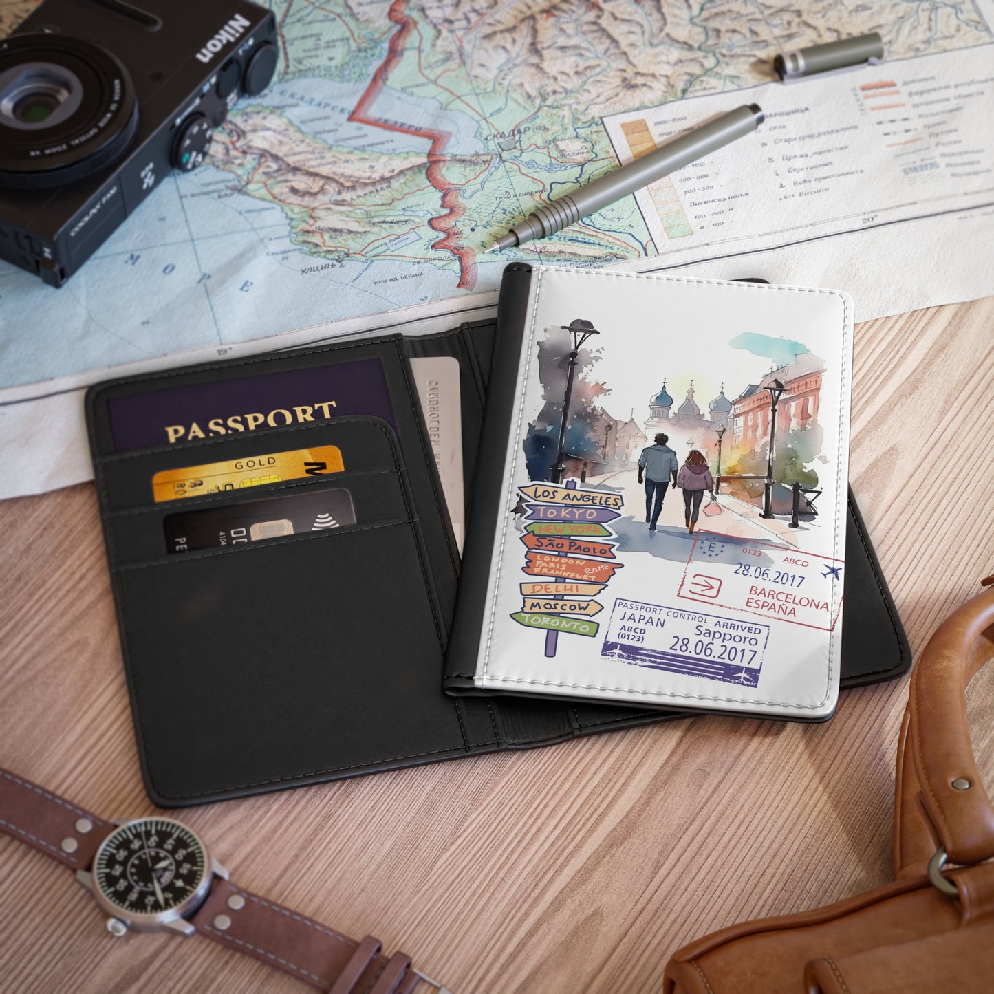 Romantic Travel Passport Cover — Watercolor Couple & World Stamps