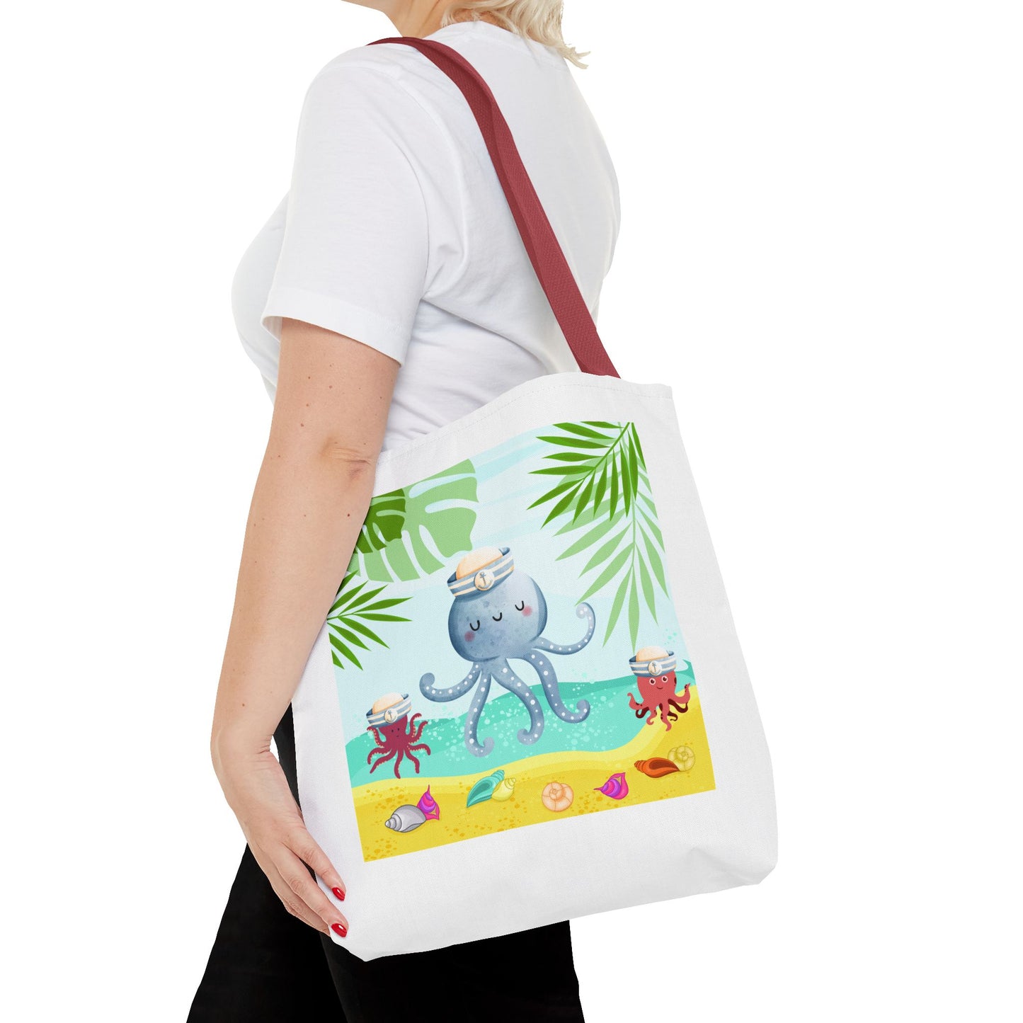 Octopus on a beach scene with tropical Tote Bag