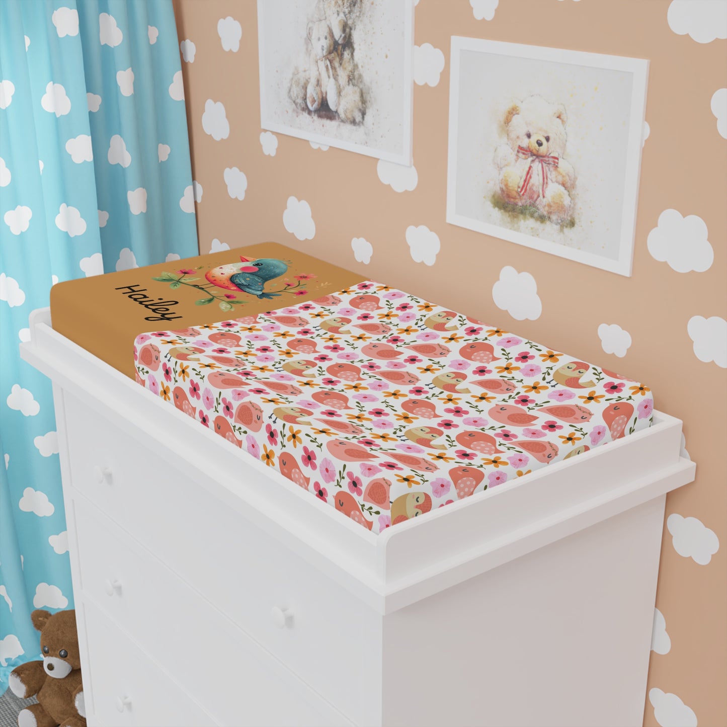 Floral Bird Baby Changing Pad Cover — Personalized Nursery Accent