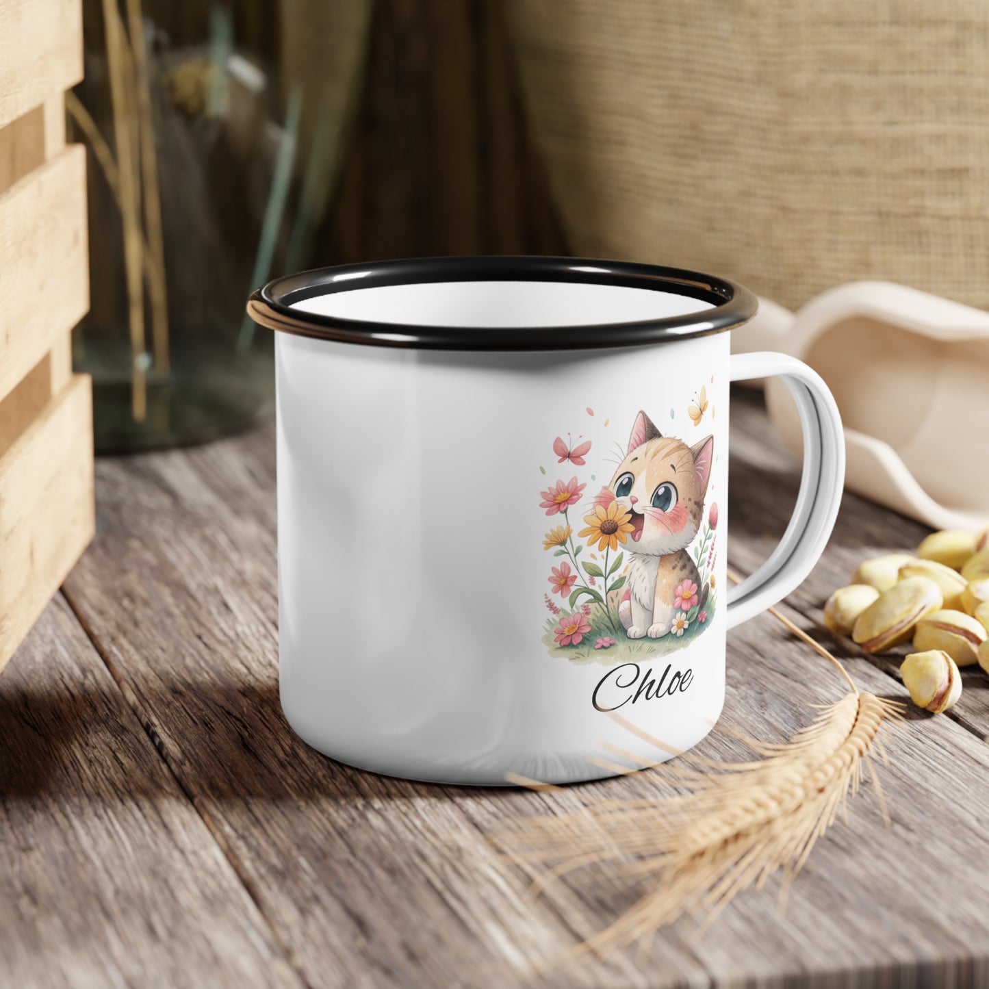 Personalized Floral Cat Enamel Camp Cup