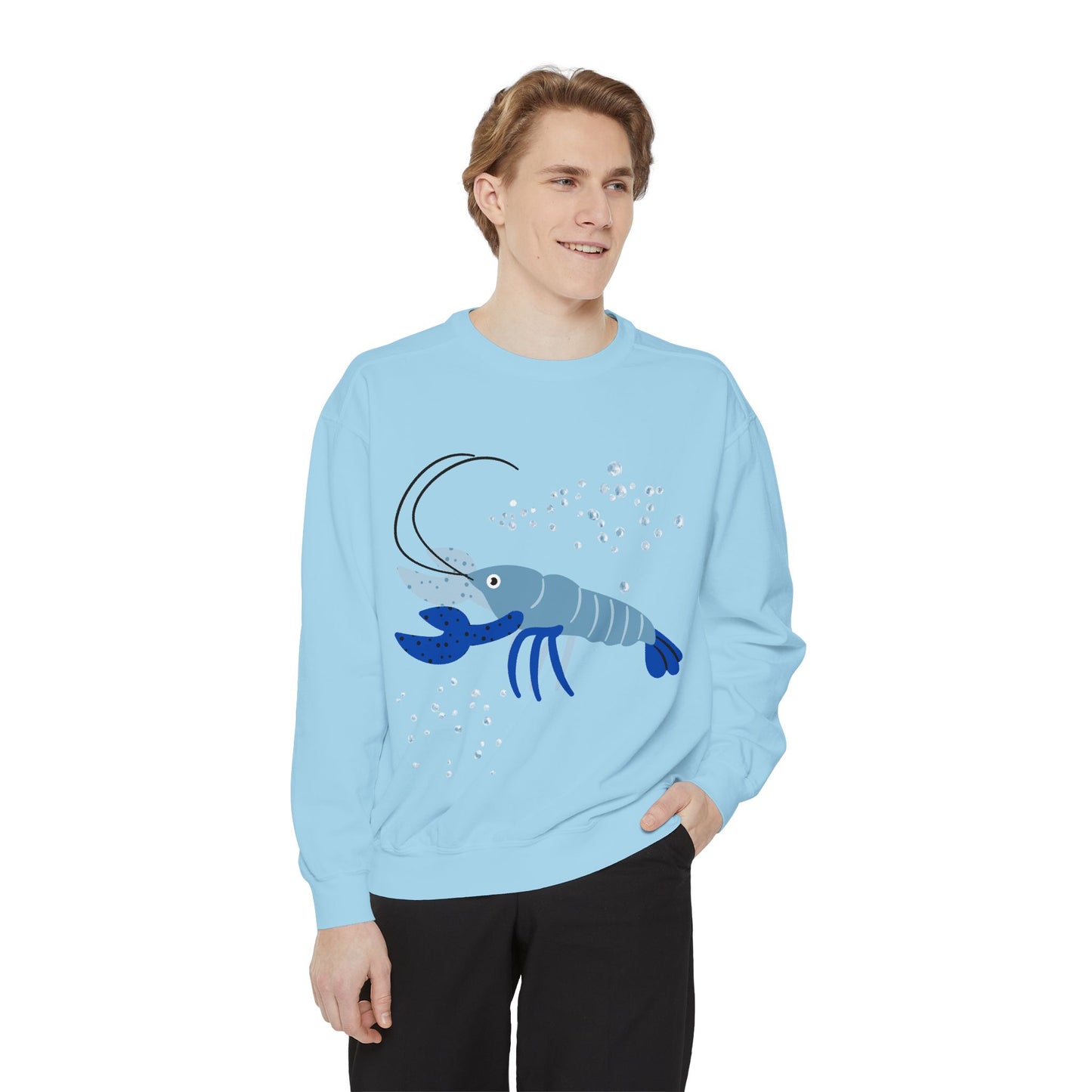 Blue shrimp with dark blue claws and bubbles Unisex Garment-Dyed Sweatshirt