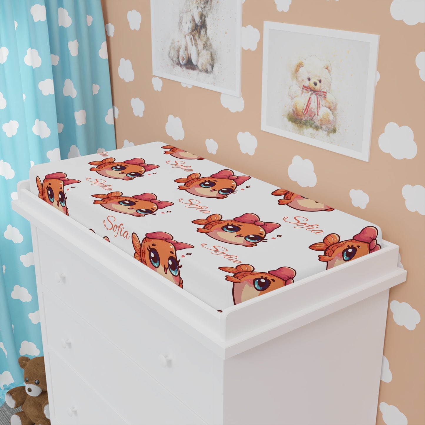 Personalized Baby Changing Pad Cover — Cute Cartoon Girl Face Pattern with Name Option