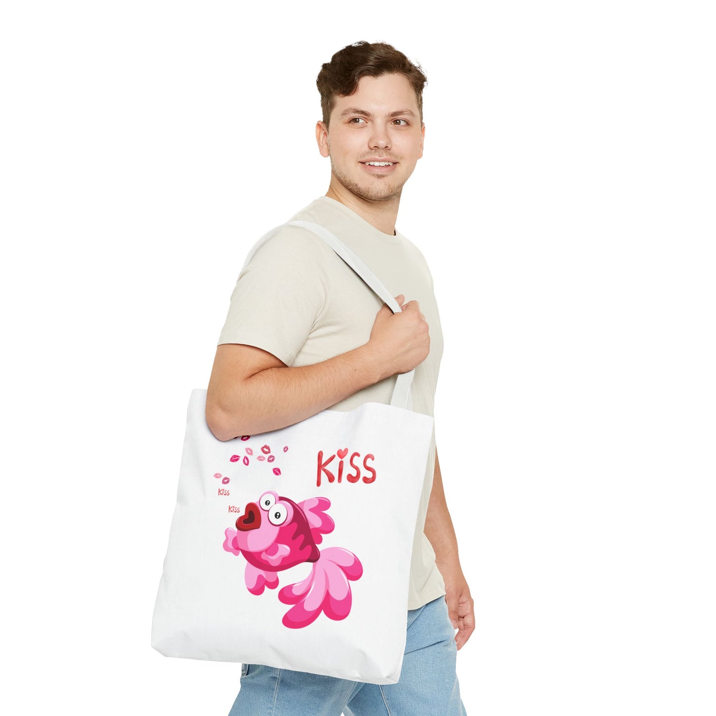 Pink fish with open mouth and kiss Tote Bag