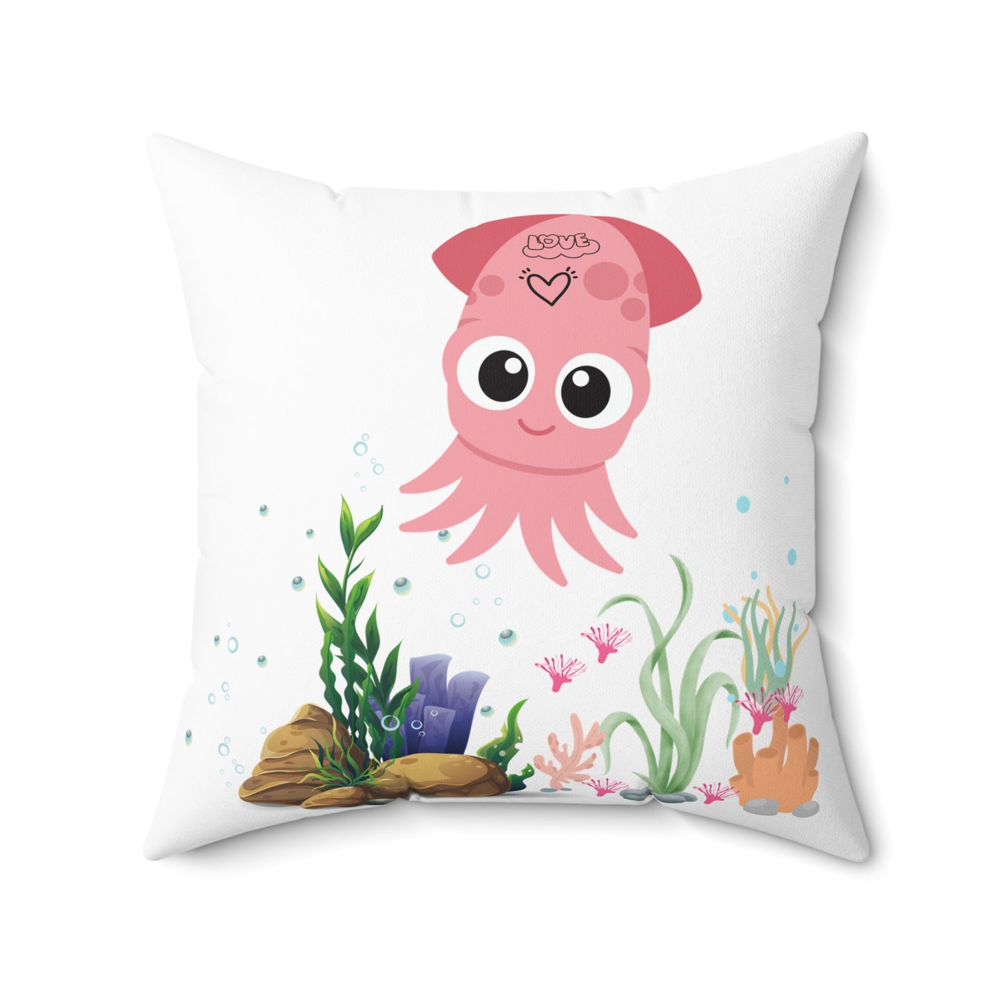 Pink squid cartoon with love Spun Polyester Square Pillow