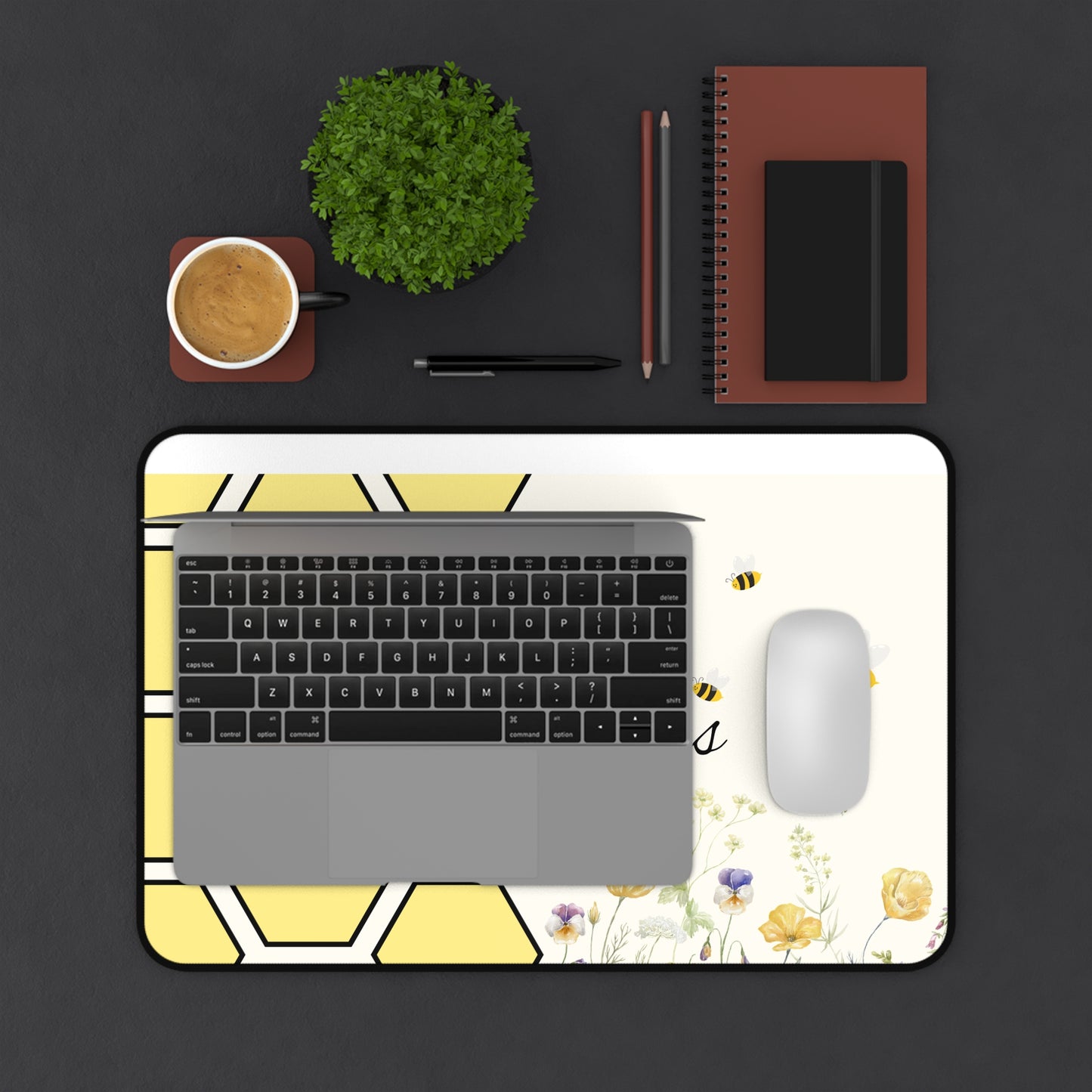 Personalized Honeycomb Desk Mat, Custom Office Decor, Bee Themed Mouse Pad, Cute Gift for Bee Lovers, Yellow Floral Desk Accessory