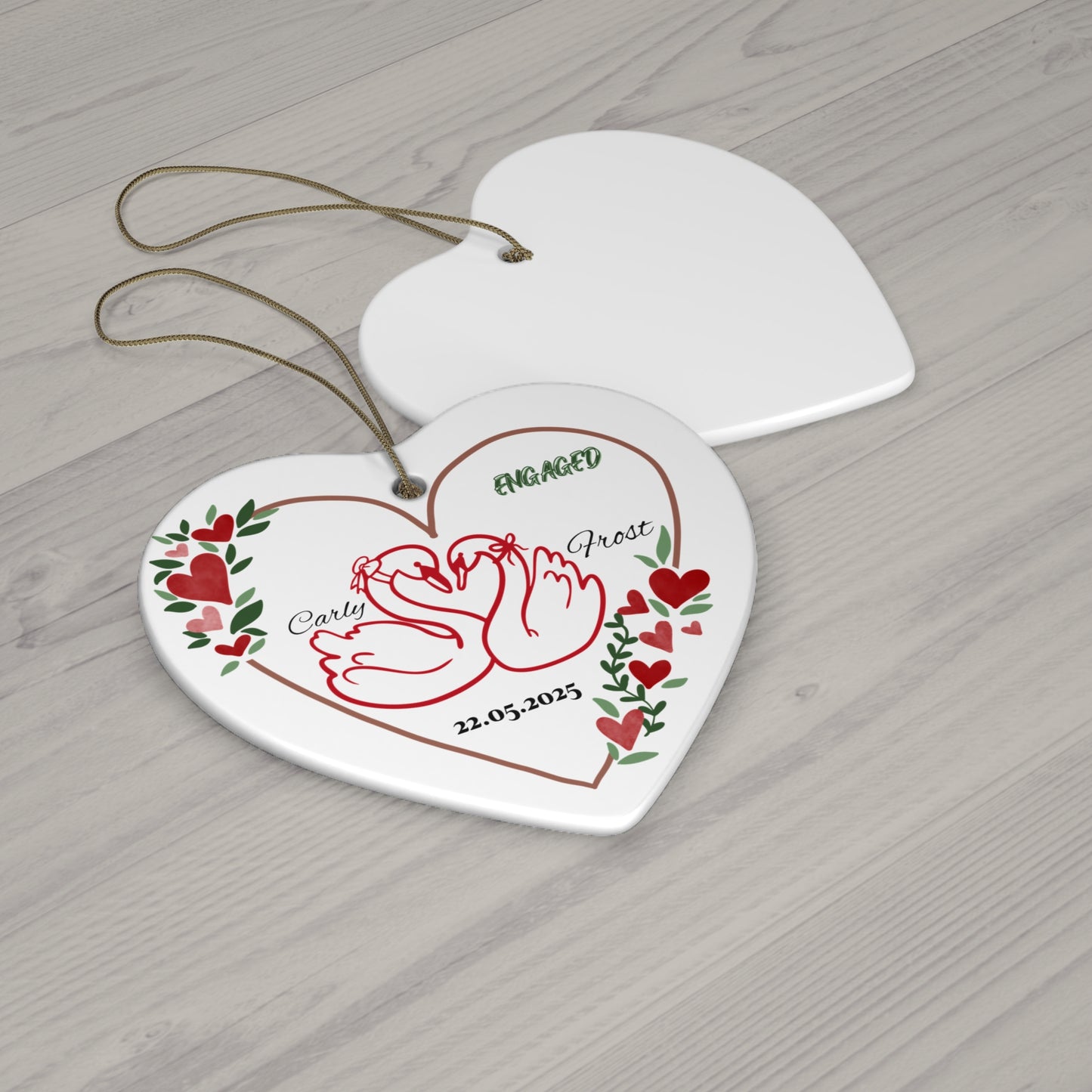 Engagement Themed Ceramic Ornament, Heart Decoration, Customized Gift, Wedding Keepsake, Holiday Decor, Personalized Ornament