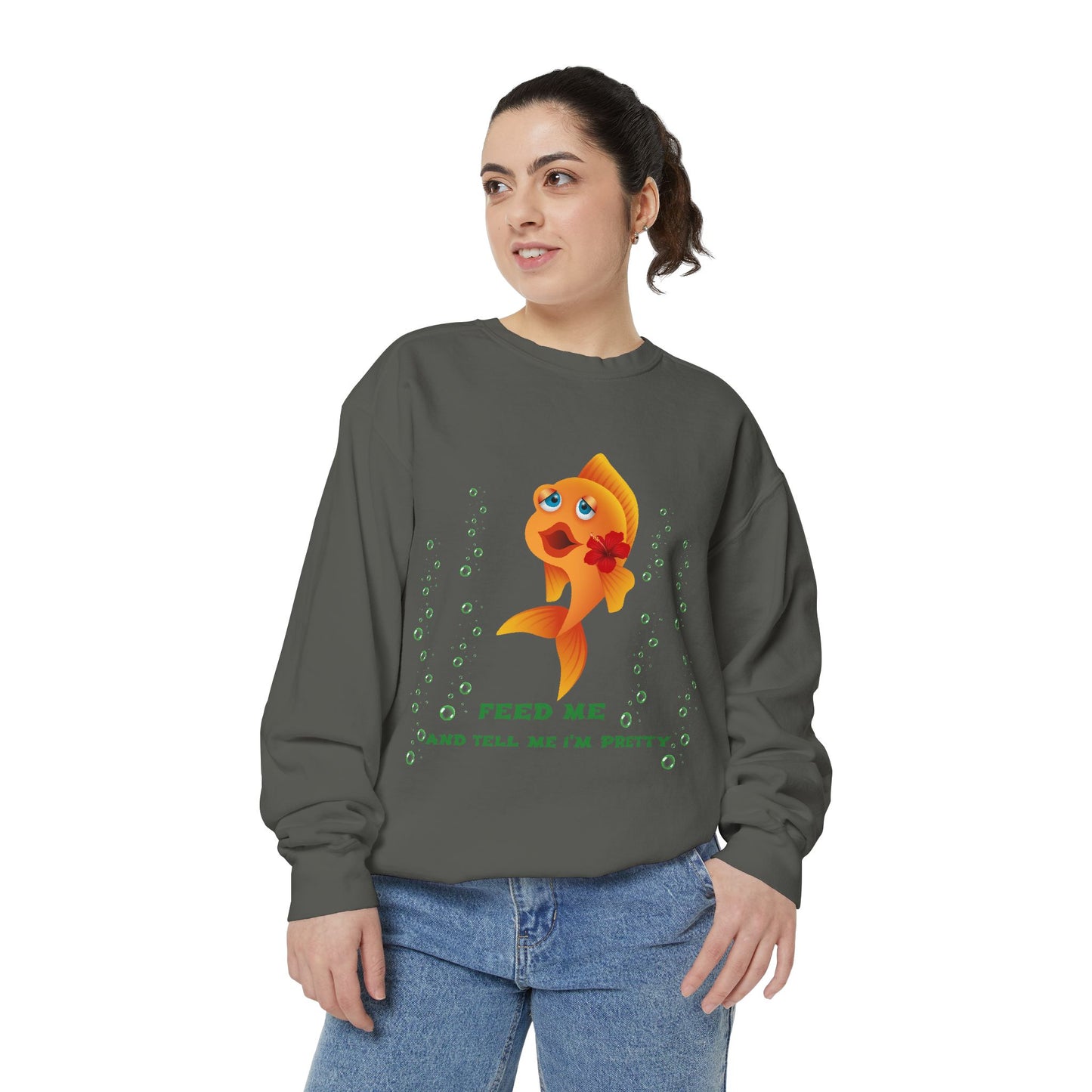 Cartoon goldfish with red lips and flower Unisex Garment-Dyed Sweatshirt