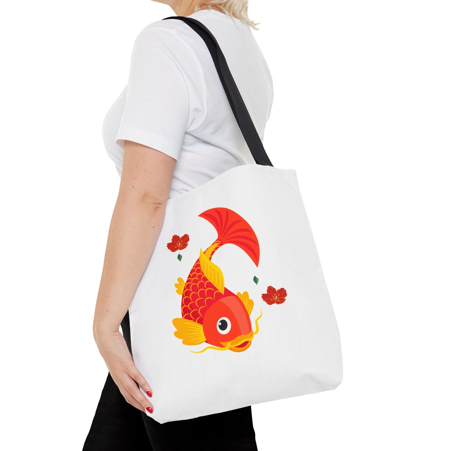 Goldfish with flowing fins and red blossoms Tote Bag