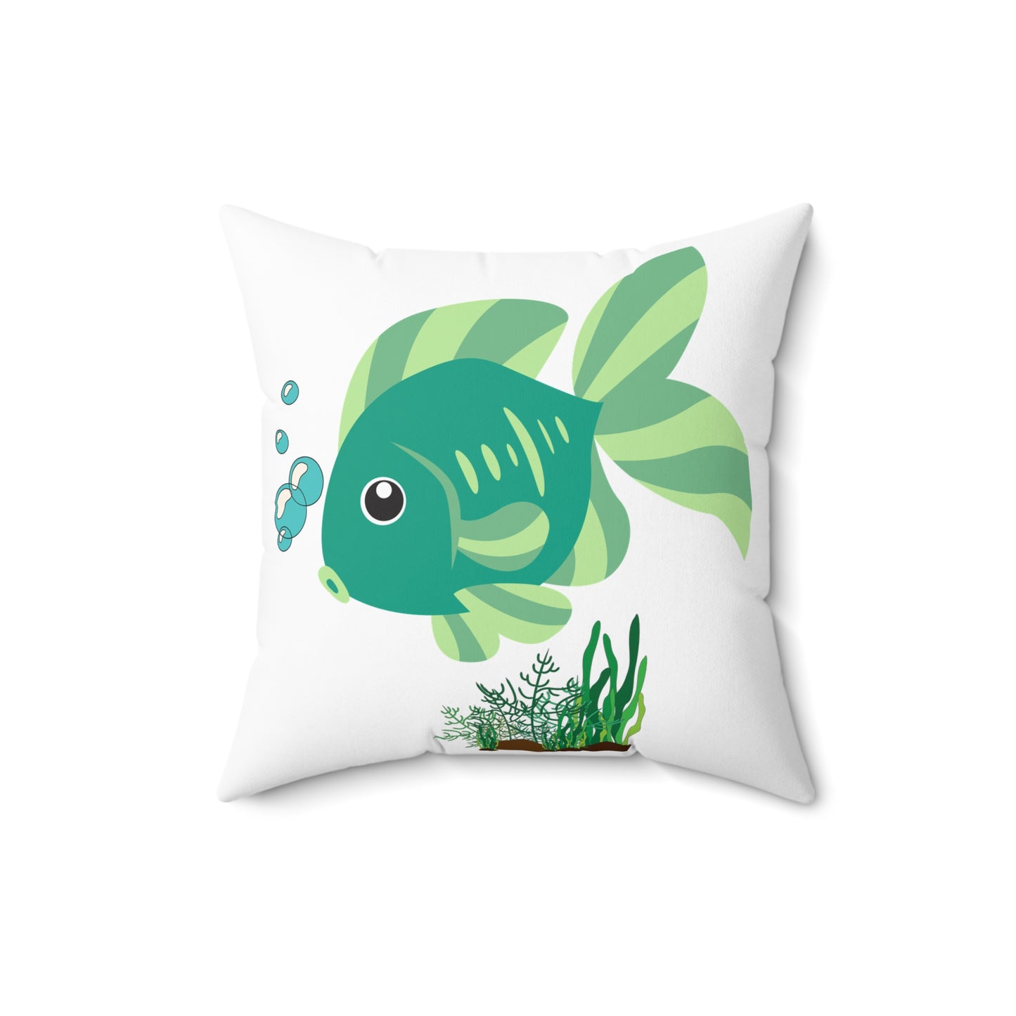 Green fish with bubbles and aquatic plants Spun Polyester Square Pillow