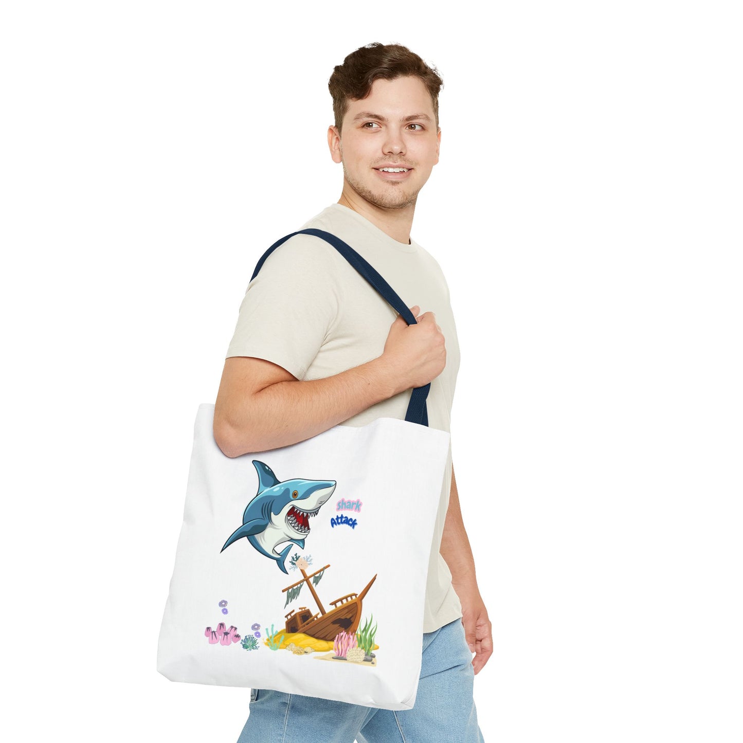 Shark ship colorful coral reef Tote Bag