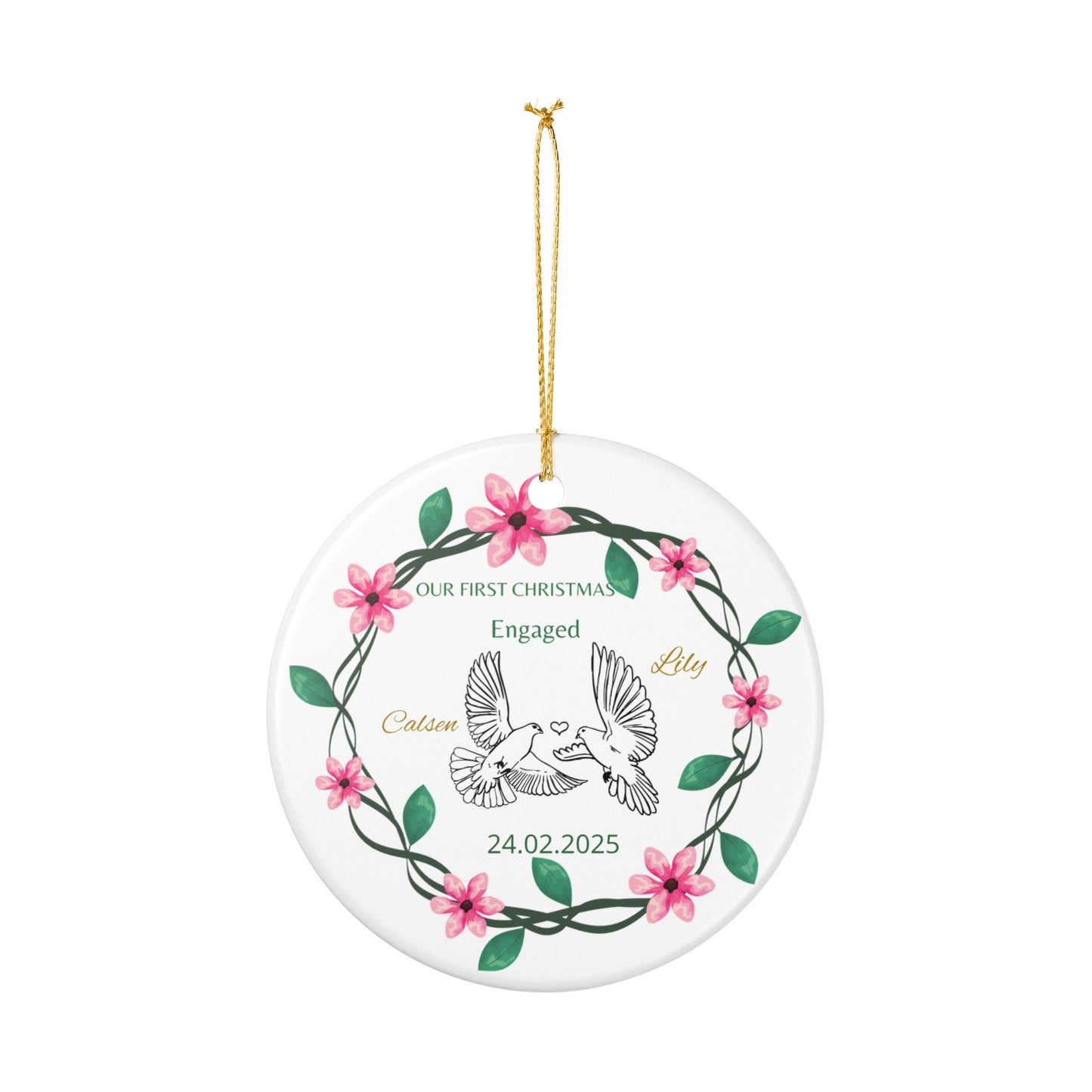 Personalized Engagement Ceramic Ornament | First Christmas Keepsake, Holiday Decor, Custom Gift, Wedding Memento, Love Decoration