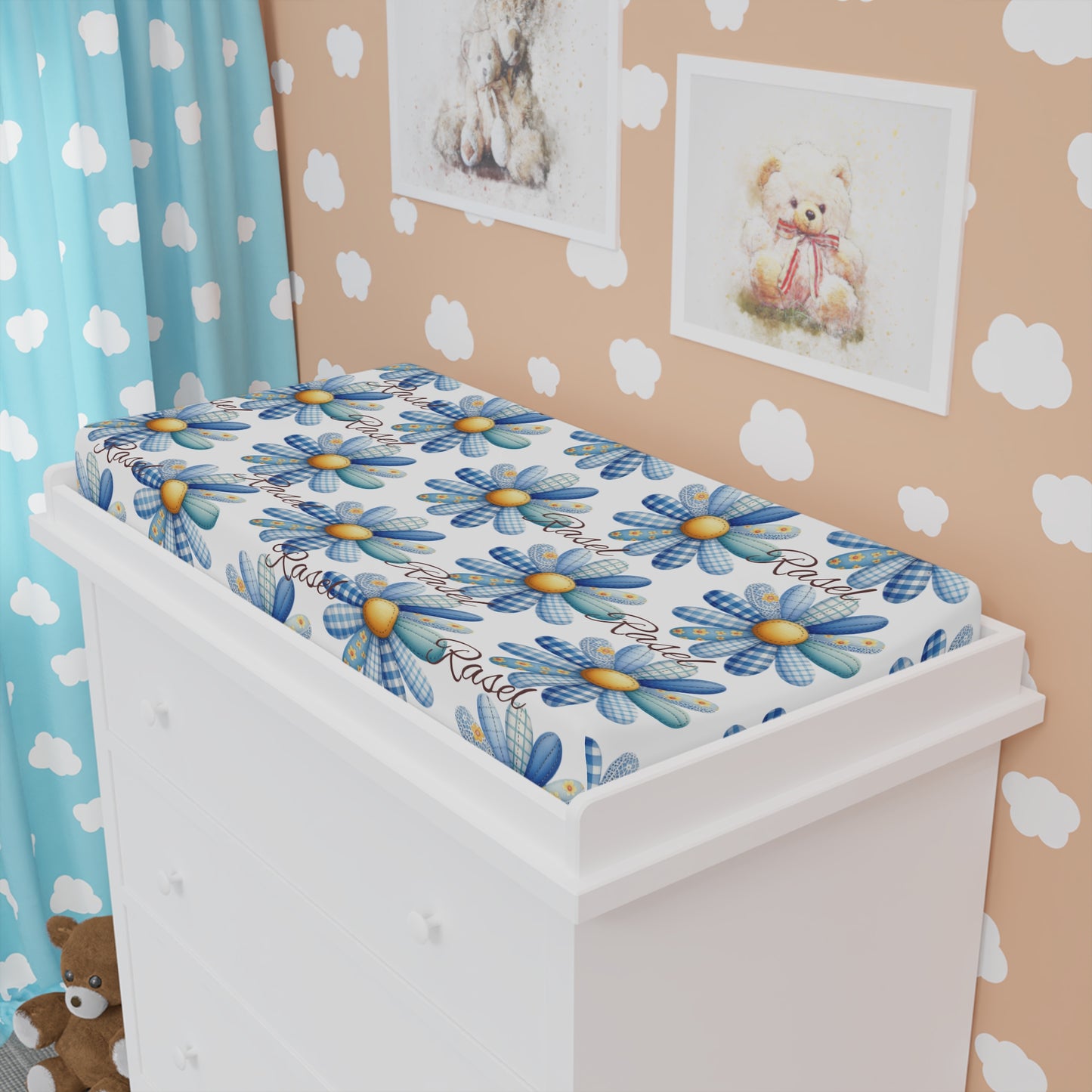 Changing Pad Cover — Blue Daisy Floral Print with "Baby" Script
