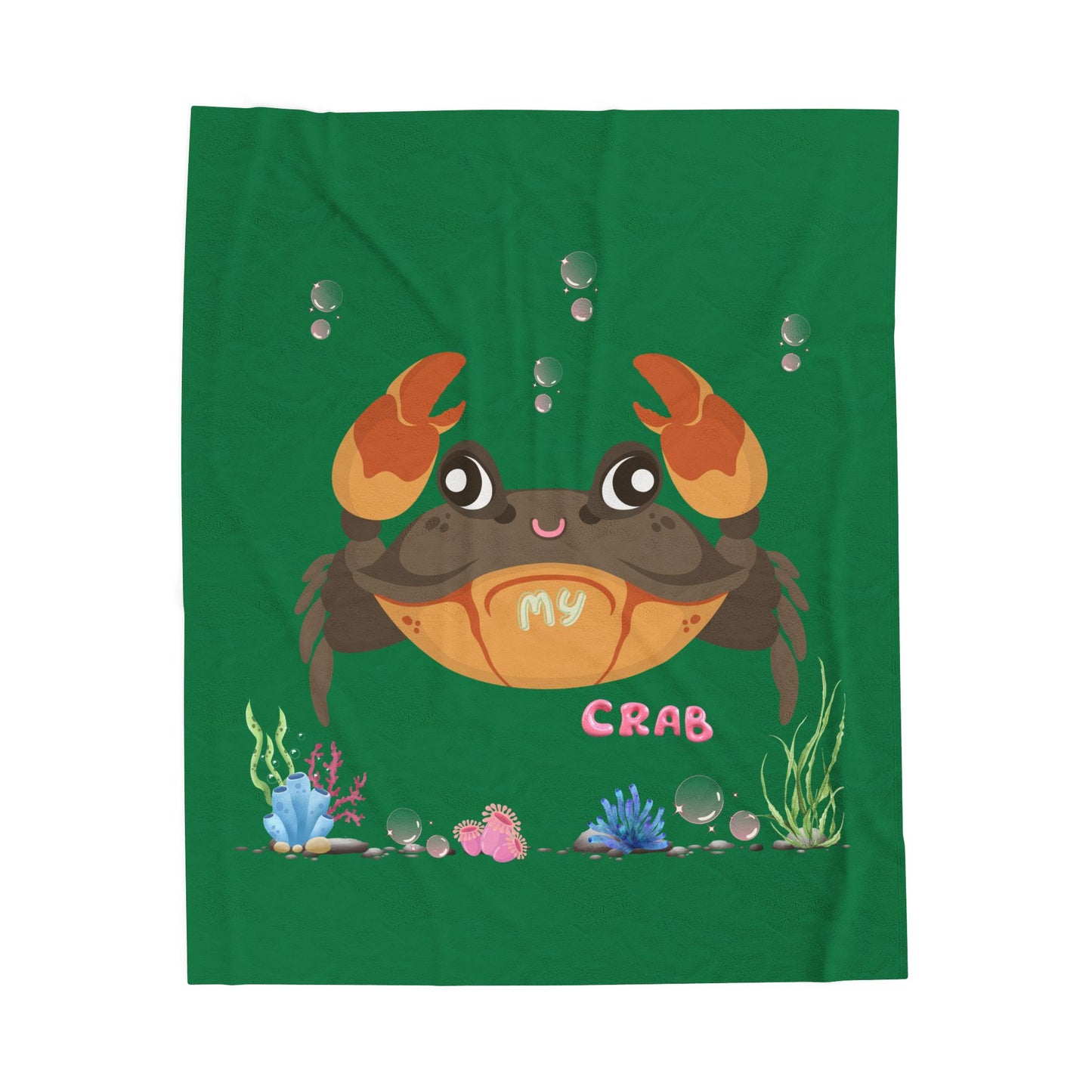 Crab with subtle bubbles and underwater flora Velveteen Plush Blanket