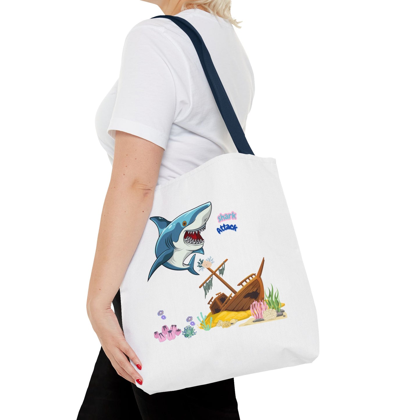 Shark ship colorful coral reef Tote Bag