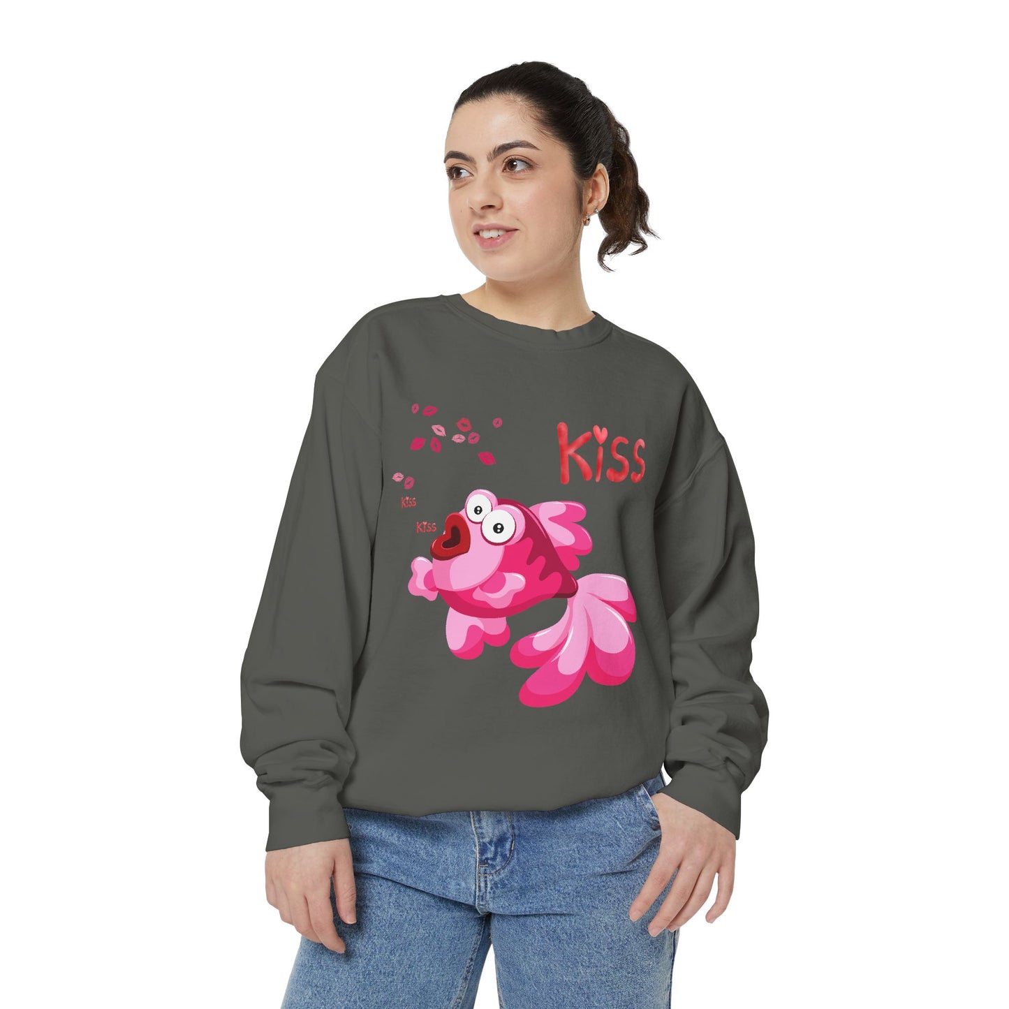 Pink fish with open mouth and kiss Unisex Garment-Dyed Sweatshirt
