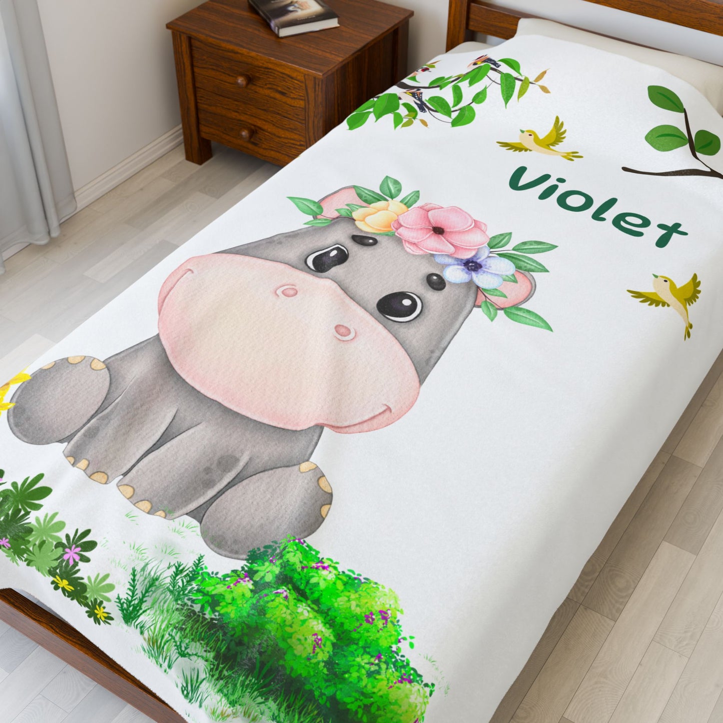Cozy Velveteen Plush Blanket with Adorable Floral Hippo Design – Perfect for Baby Showers, Gifts, Home Decor, Nursery, Child's Room