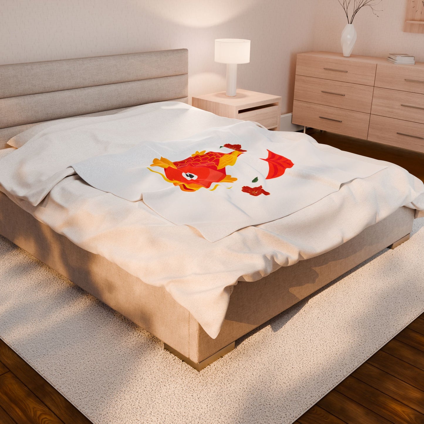 Goldfish with flowing fins and red blossoms Velveteen Plush Blanket