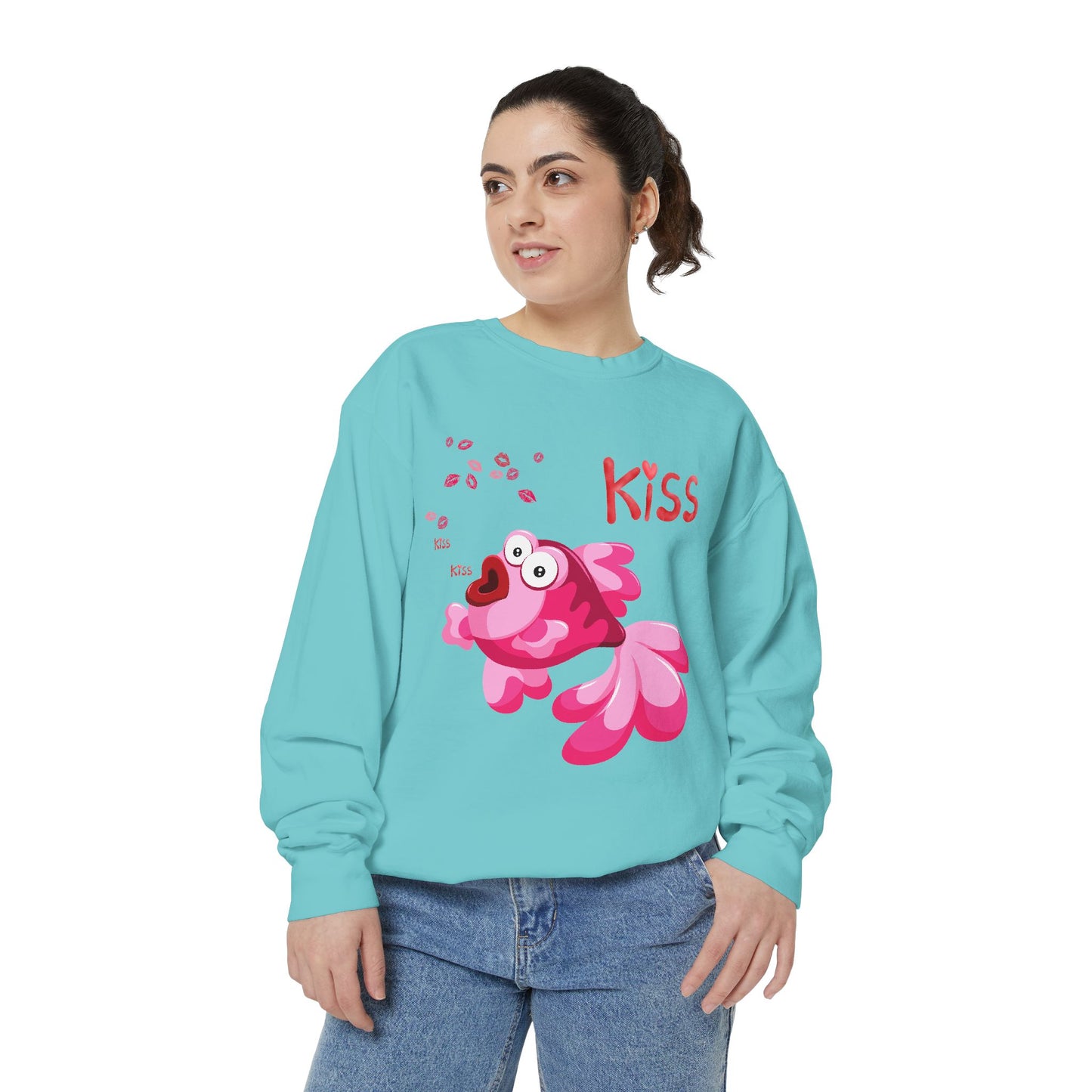 Pink fish with open mouth and kiss Unisex Garment-Dyed Sweatshirt