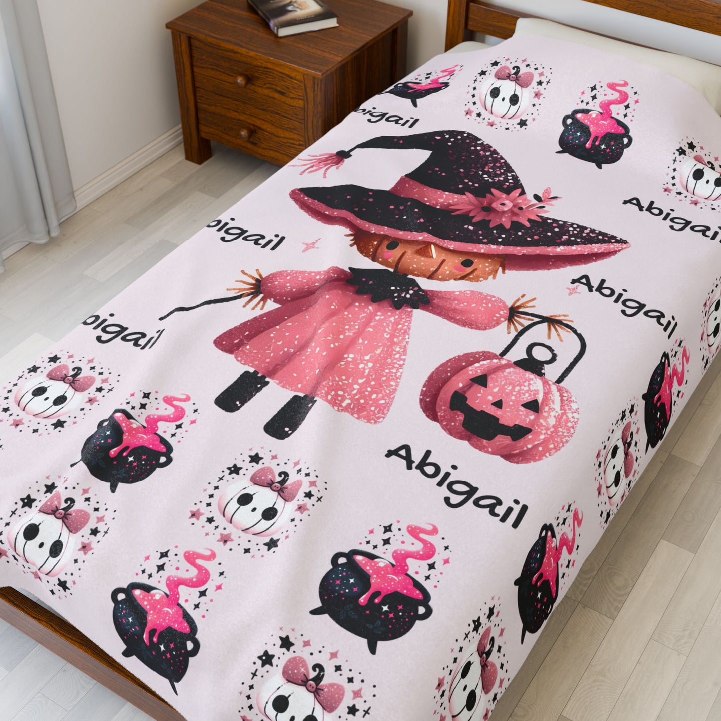 Personalized Halloween Velveteen Plush Blanket, Soft Cozy Throw, Perfect for Kids, Witch Design, Fall Decor, Gift Idea