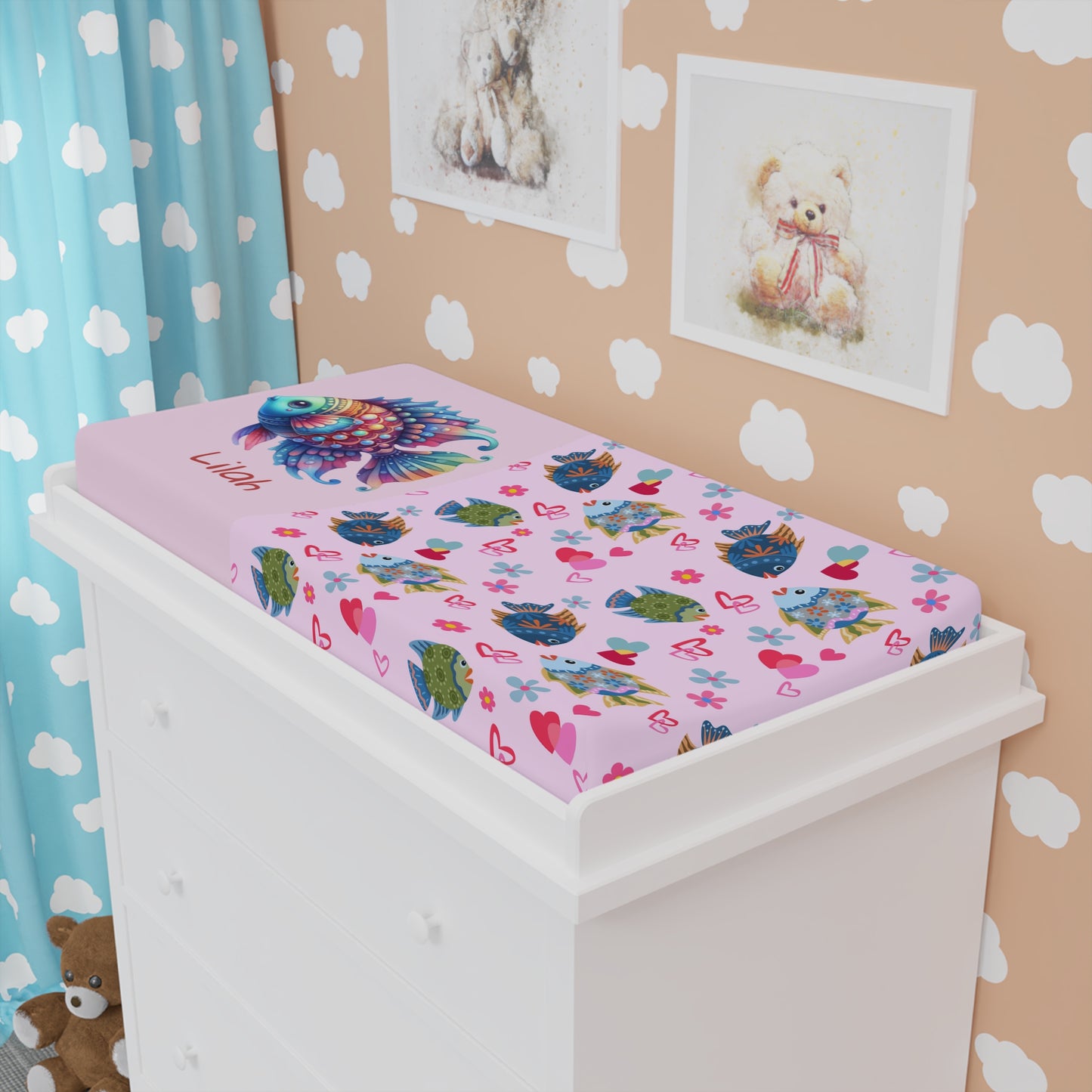 Fish Hearts Baby Changing Pad Cover — Personalized Pink Nursery Crib Sheet