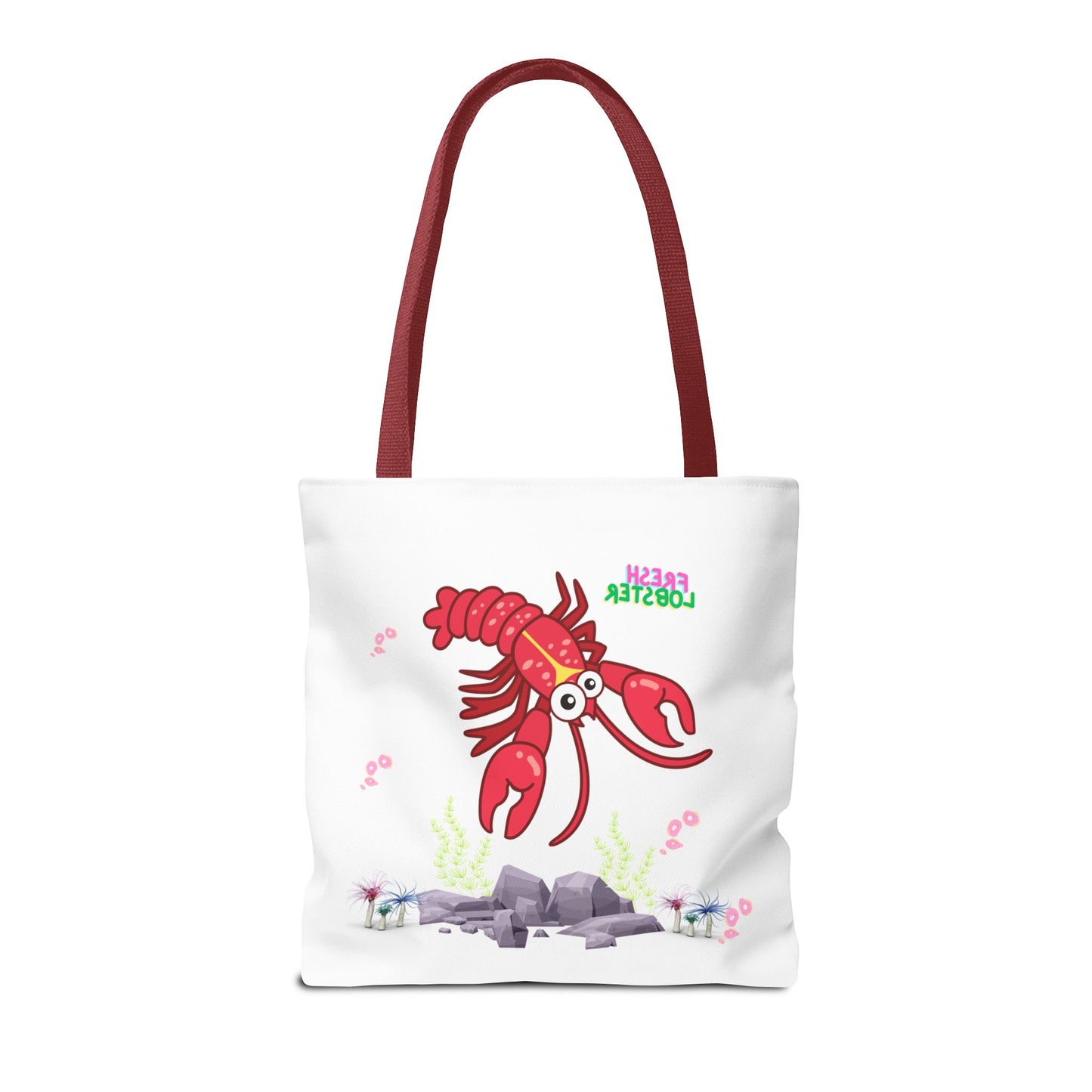 Friendly red lobster big eyes and yellow strip Tote Bag