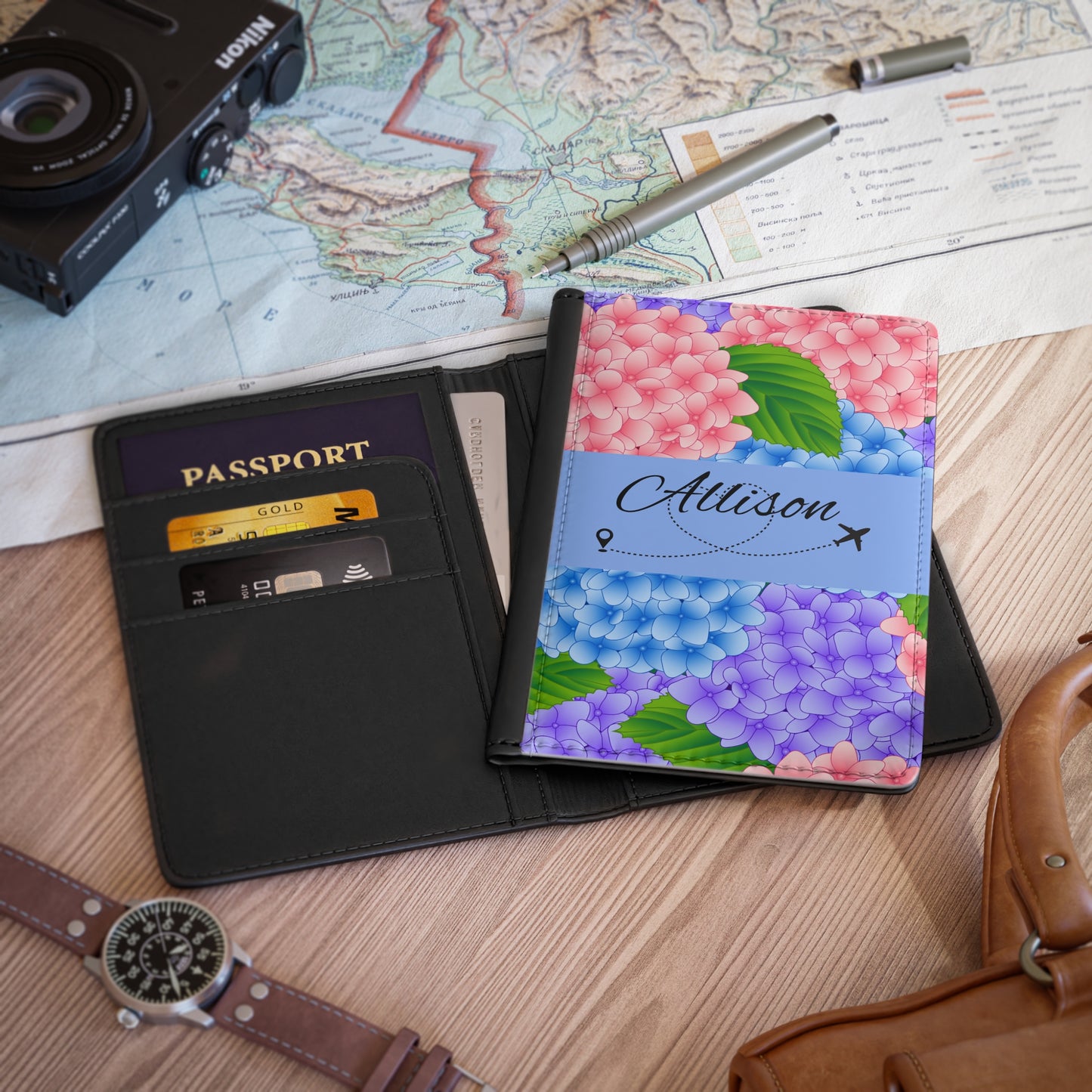 Personalized Hydrangea Passport Cover – Floral Travel Passport Holder with Name