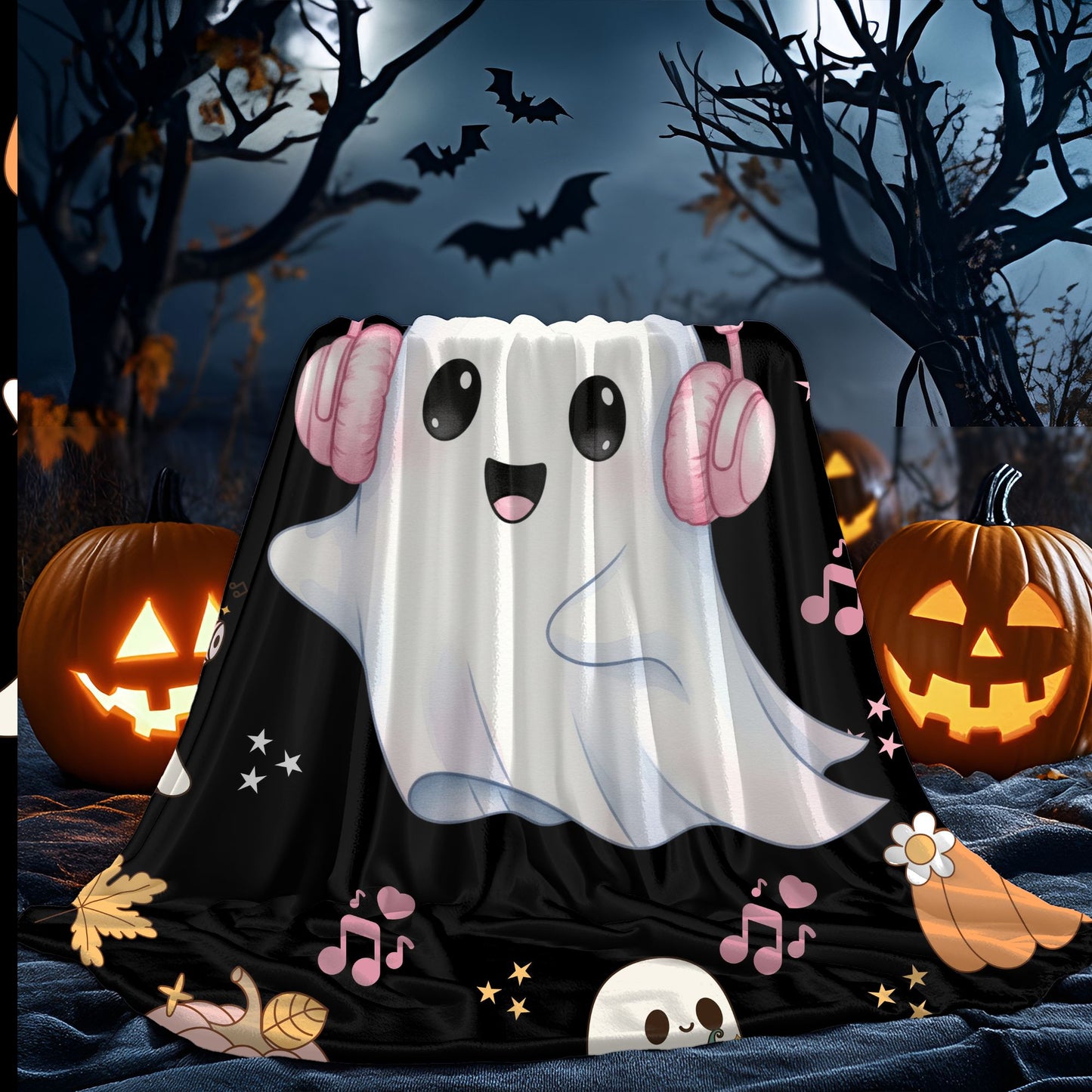 Cozy Halloween Ghost Blanket, Velveteen Plush Throw, Cute Fall Decor, Snuggle Blanket for Kids and Adults, Spooky Season Gift