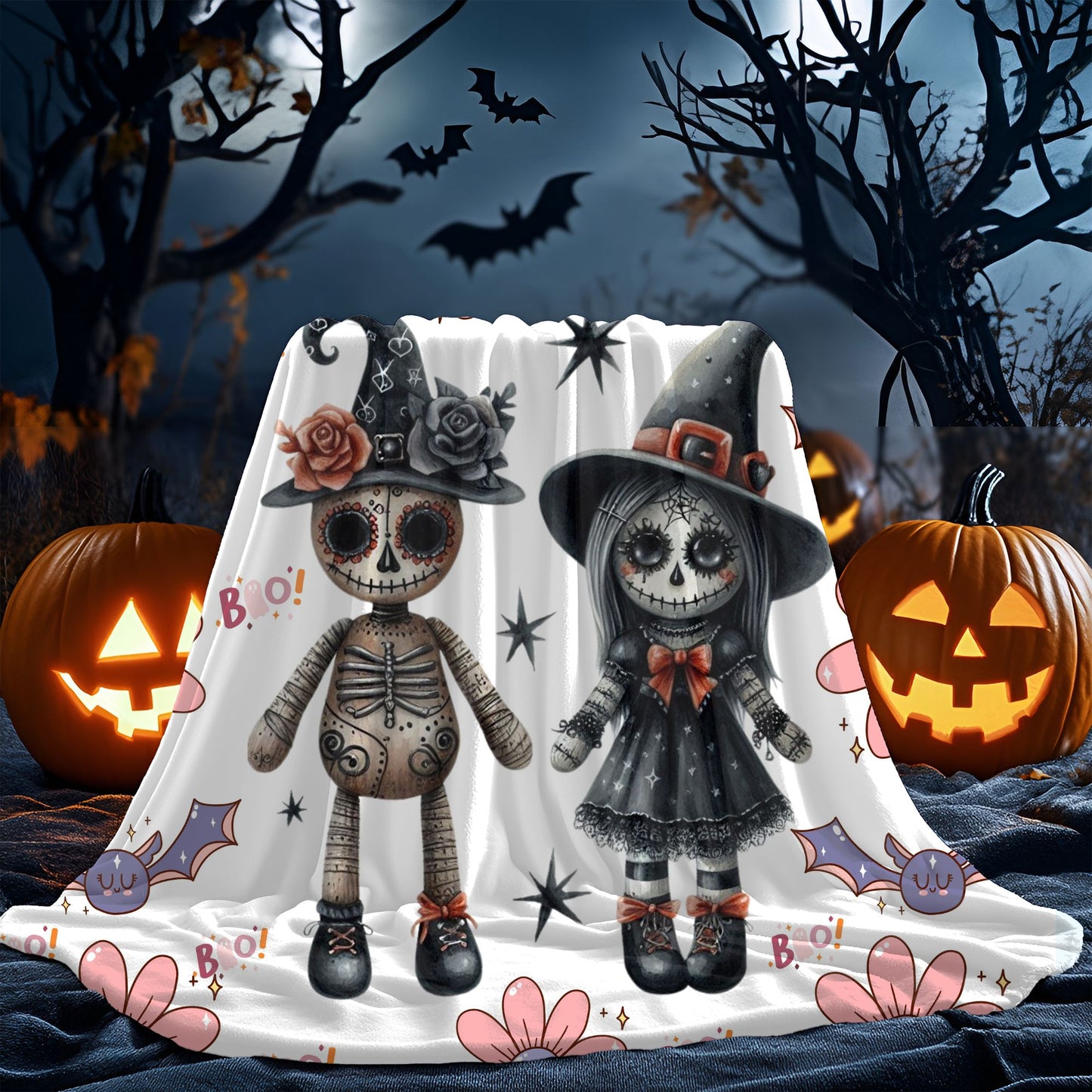 Spooky Floral Velveteen Blanket, Halloween Décor, Cozy Throw, Kids Room Blanket, Soft Throw Blanket, Perfect for Fall