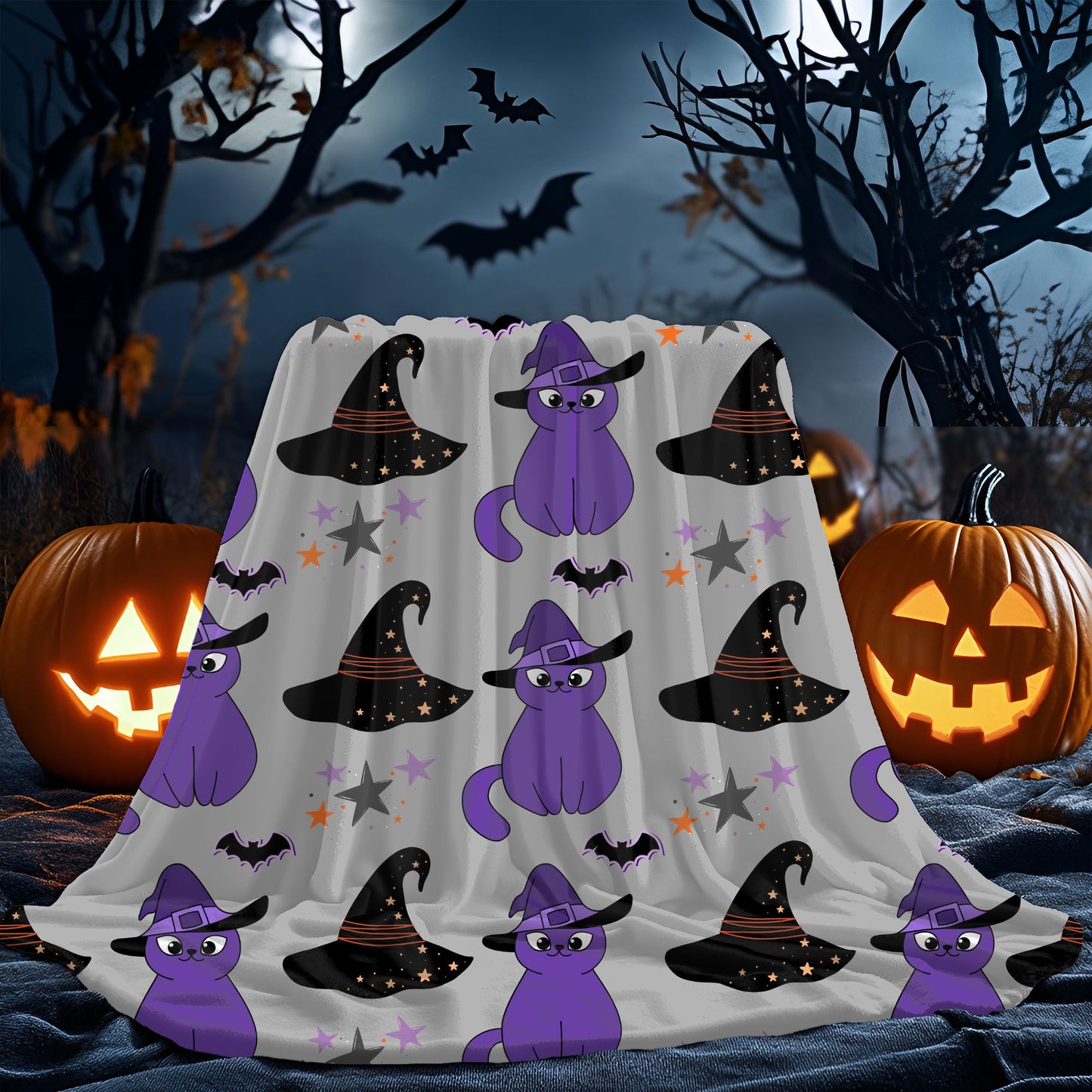 Cozy Halloween Velveteen Plush Blanket - Purple Cat Design, Soft Throw, Fall Decor, Gift for Cat Lovers, Spooky Season