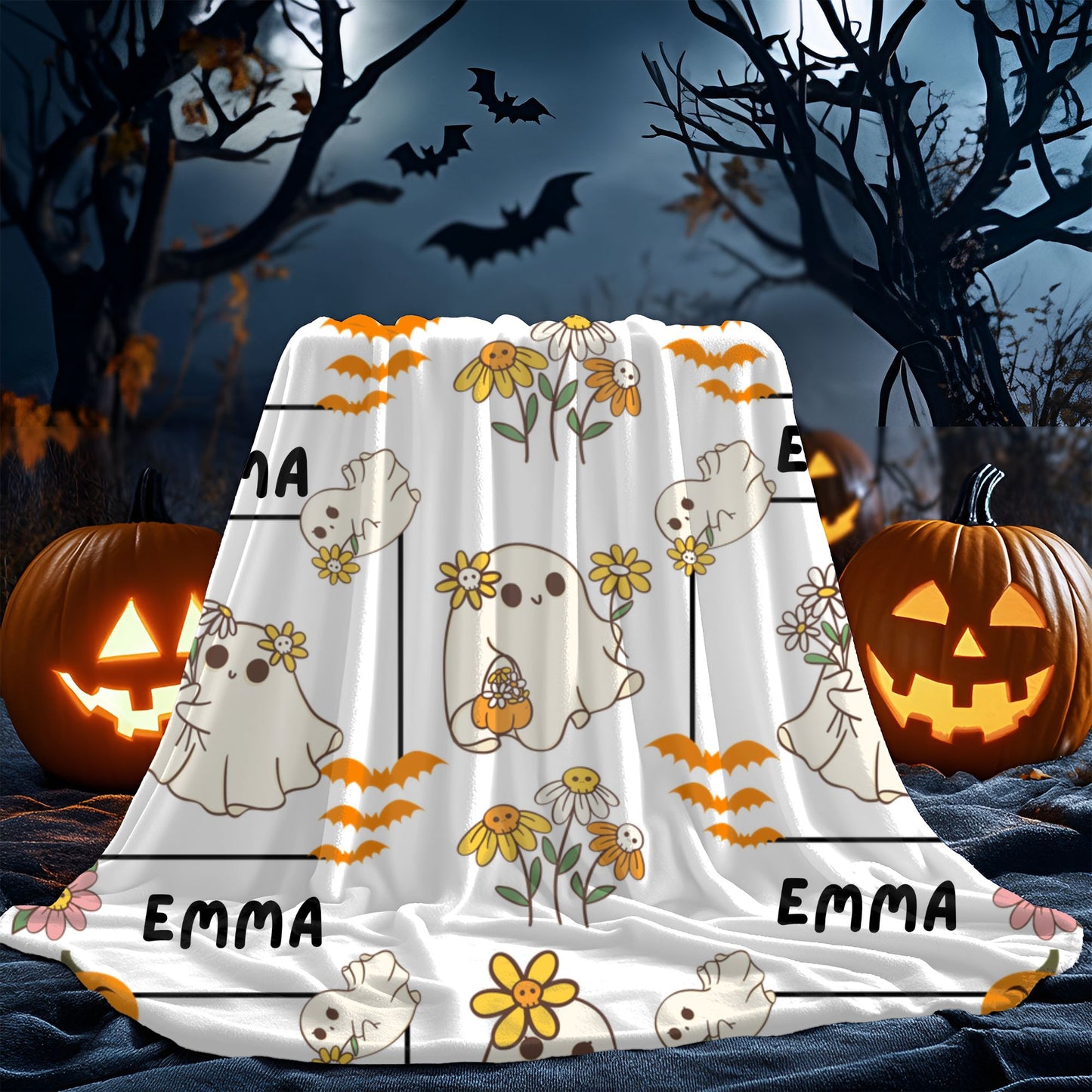 Whimsical Ghosts Velveteen Plush Blanket | Cozy Halloween Decor, Gift for Kids & Teens, Soft Plush Throw, Cute Couch Accessory