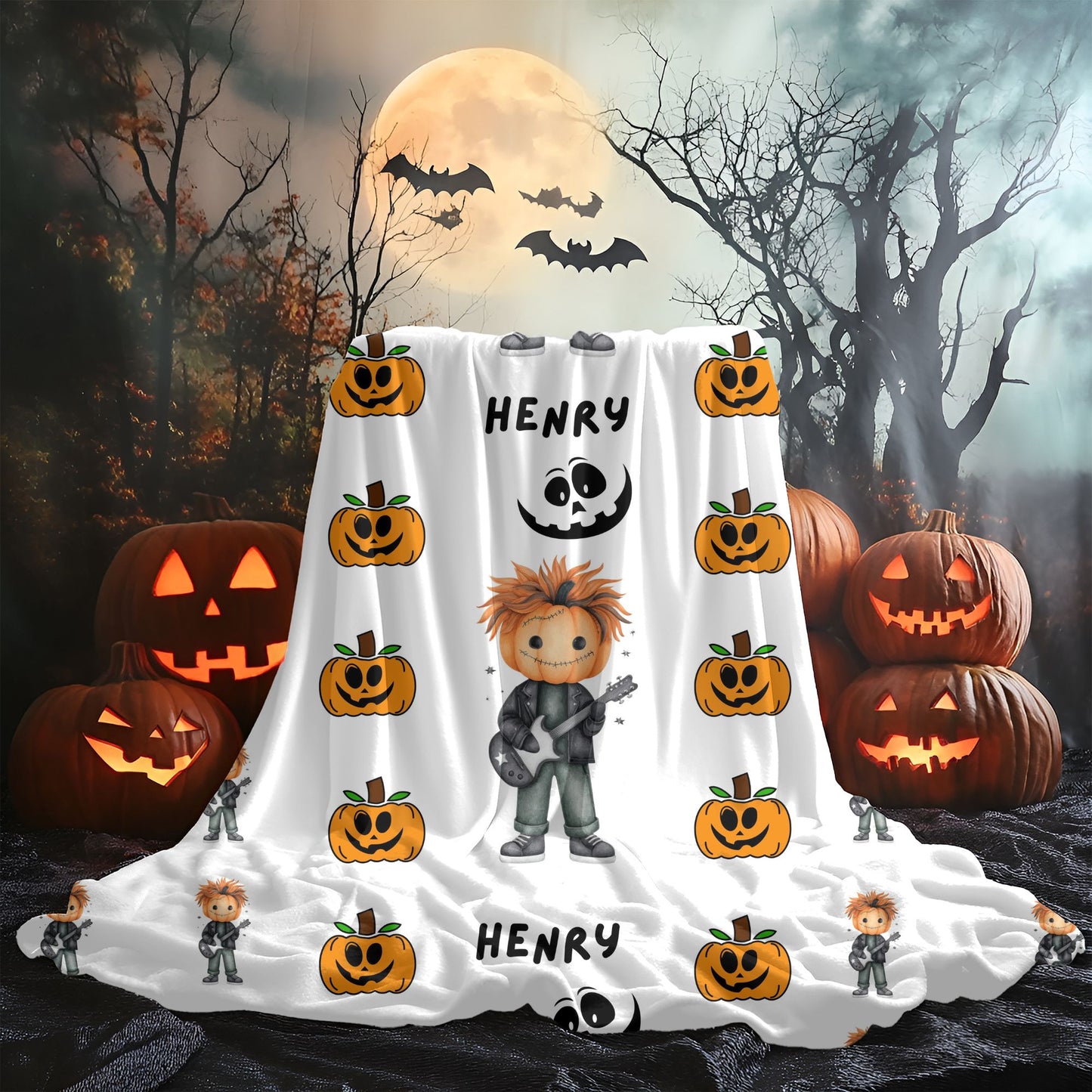 Spooky Fun Personalized Velveteen Plush Blanket, Halloween Throw Blanket, Cozy Gift for Kids, Seasonal Home Decor, Pumpkin & Monster Design