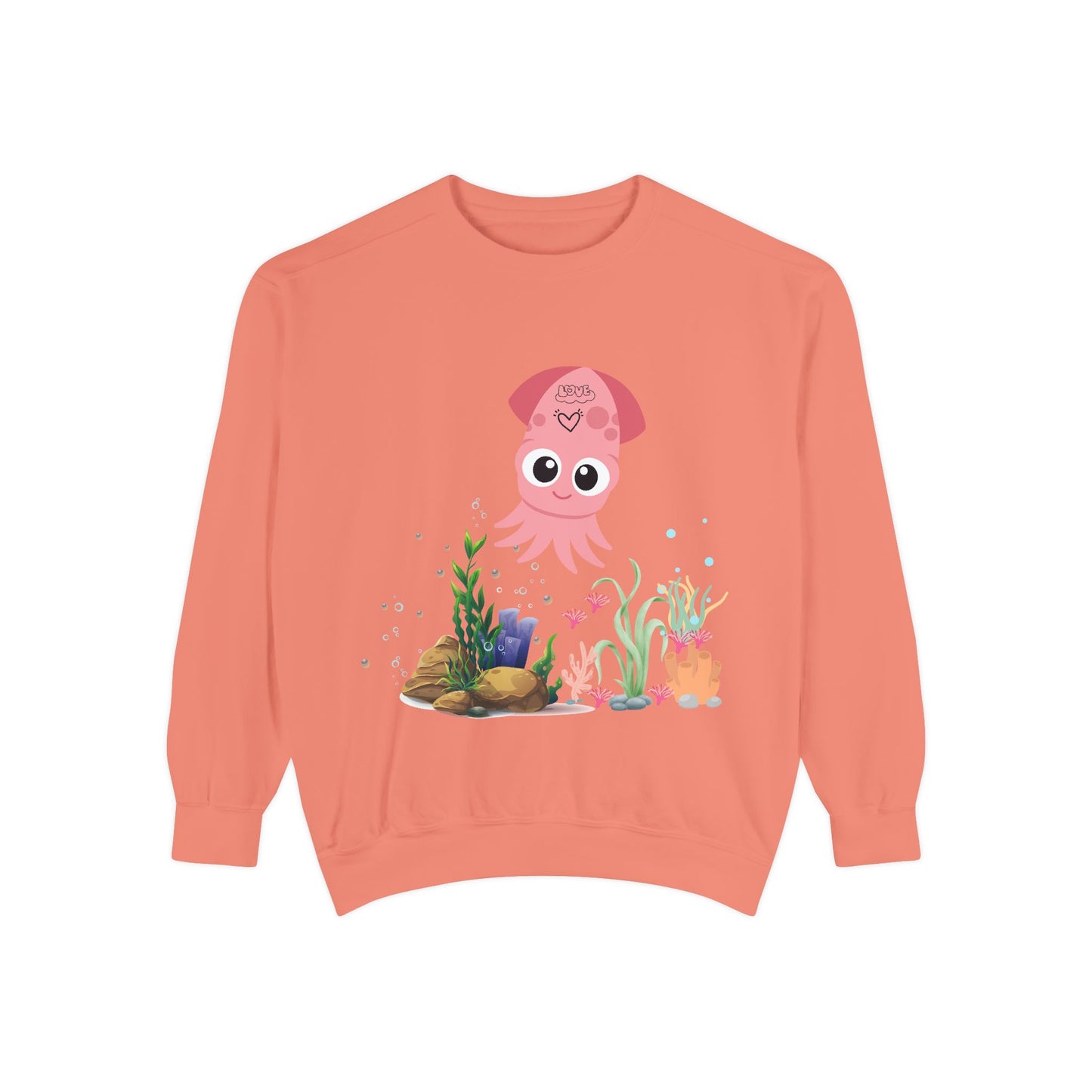 Pink squid cartoon with love Unisex Garment-Dyed Sweatshirt