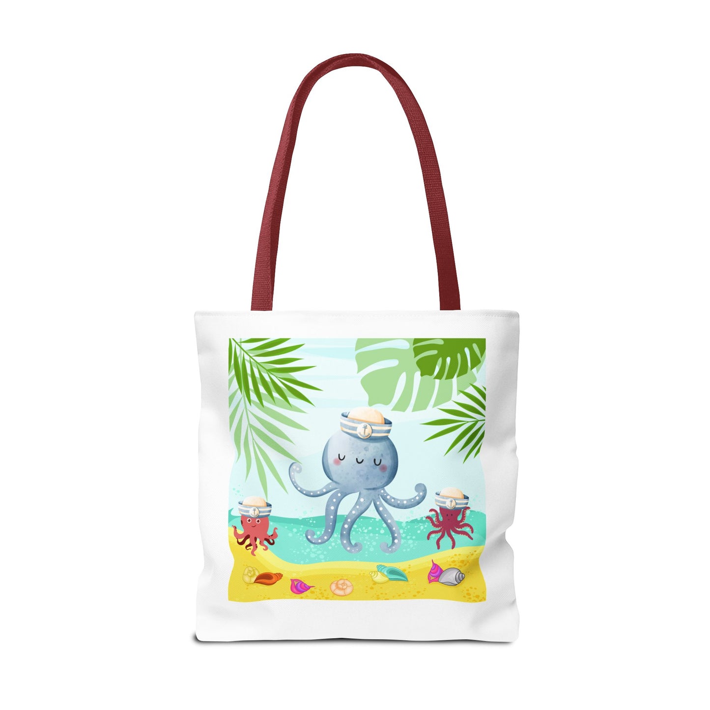 Octopus on a beach scene with tropical Tote Bag